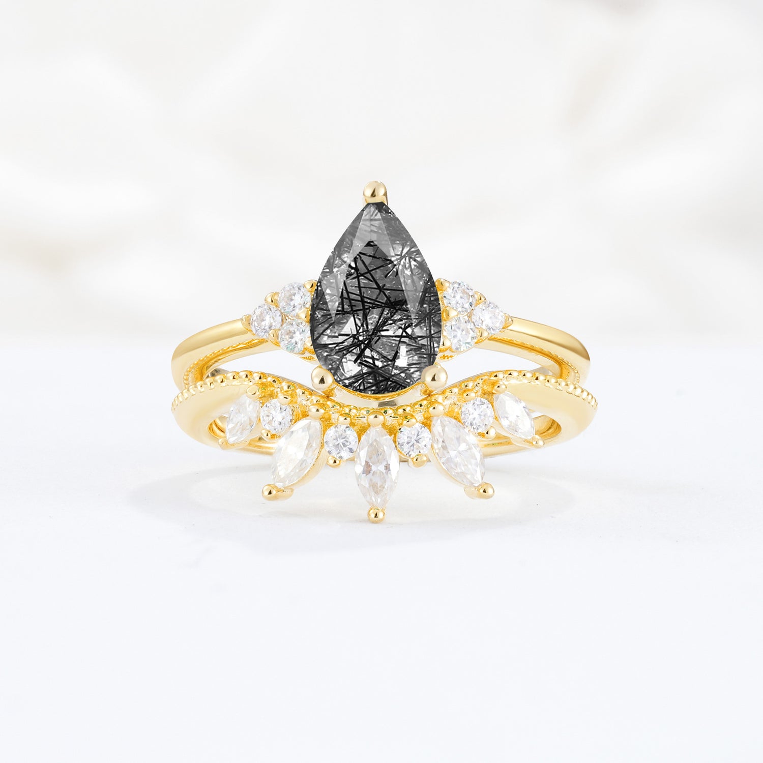 Classic Luxury Pear Cut  Black Rutilated Quartz Bridal Ring Set