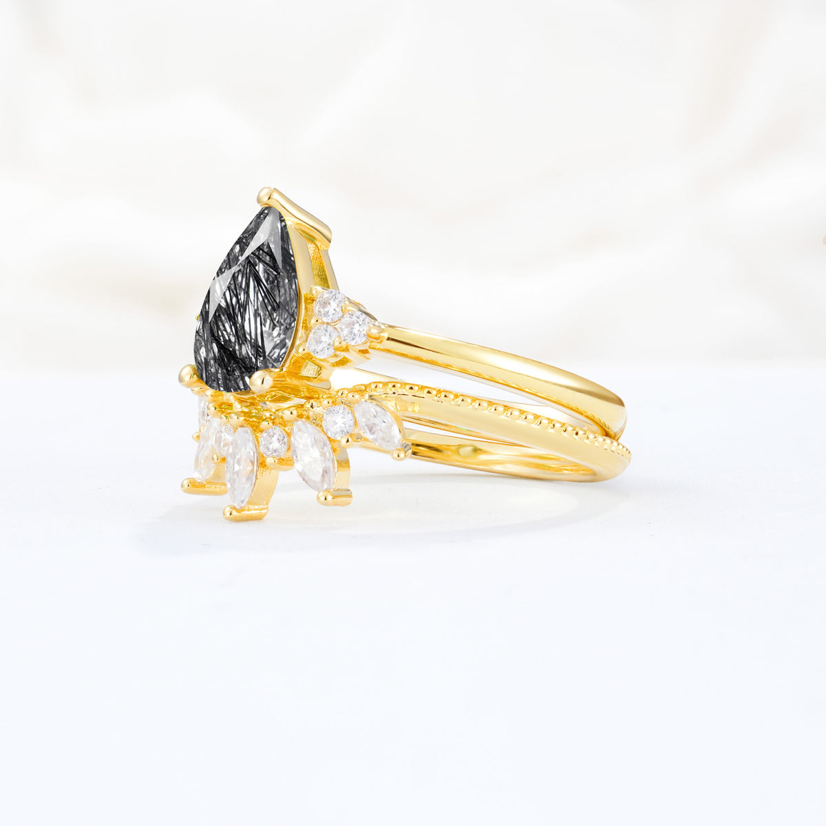 SR17119 Black Rutilated Quartz Ring - White-Gold