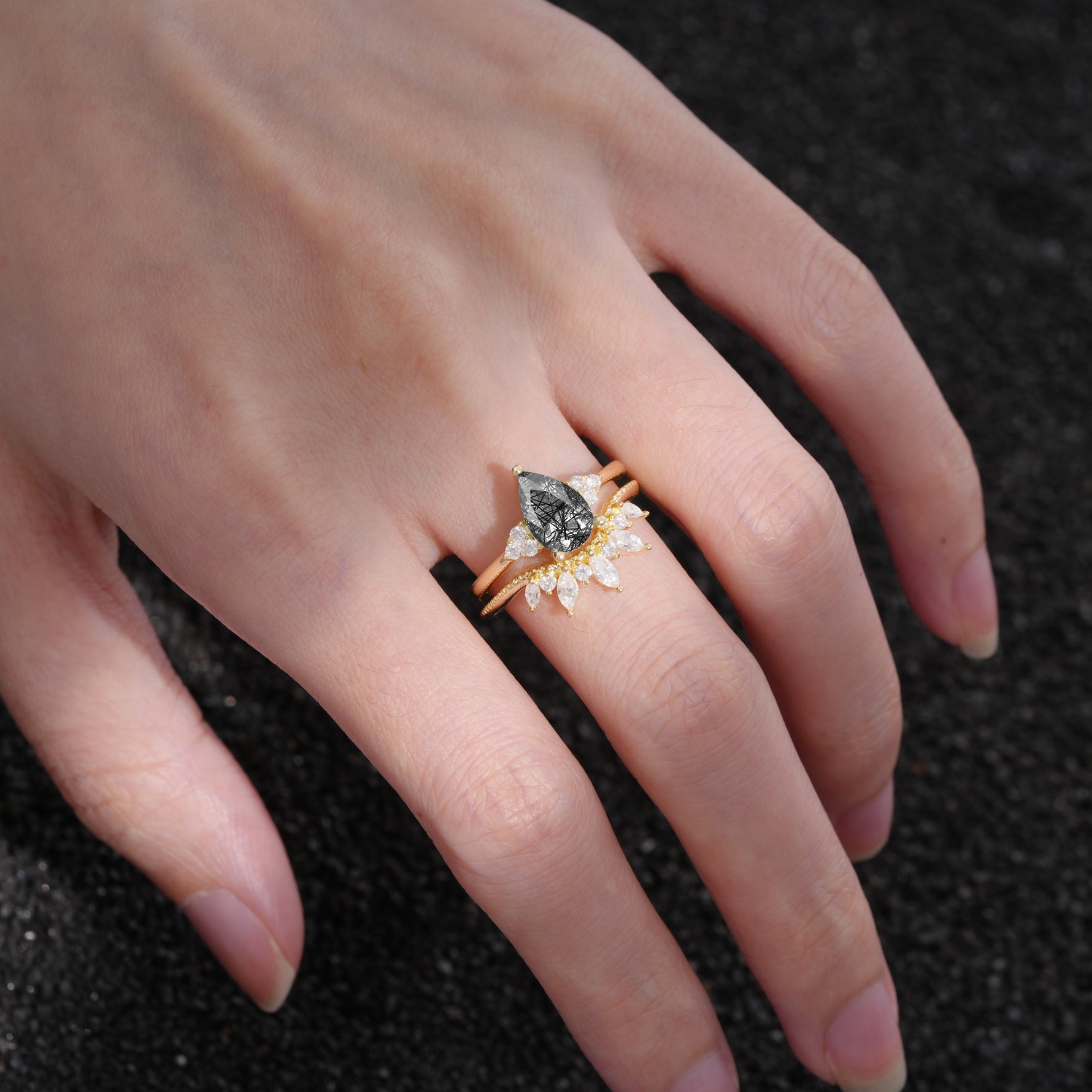 SR17119 Black Rutilated Quartz Ring - Rose-Gold