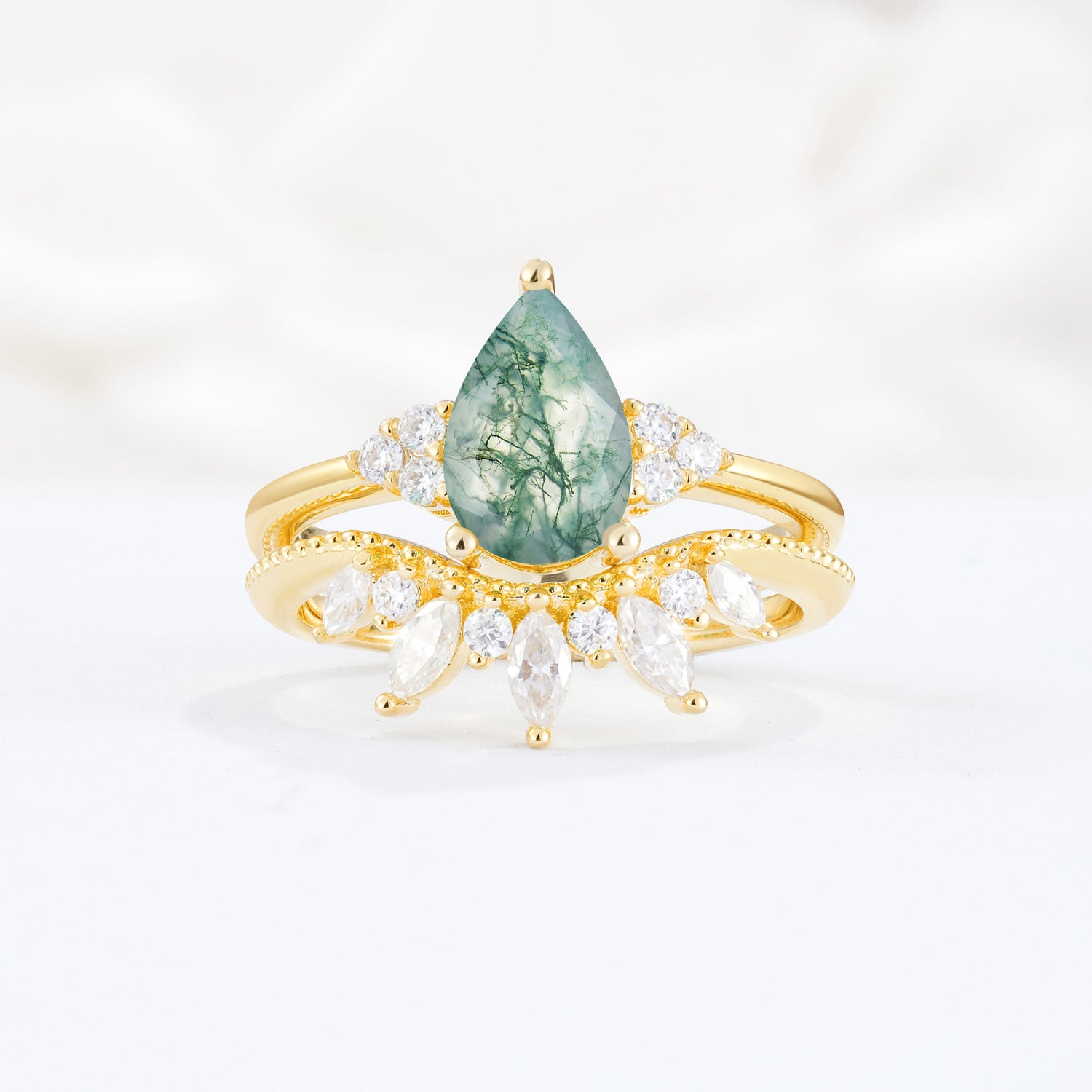 Classic Luxury Pear Cut Moss Agate Bridal Ring Set