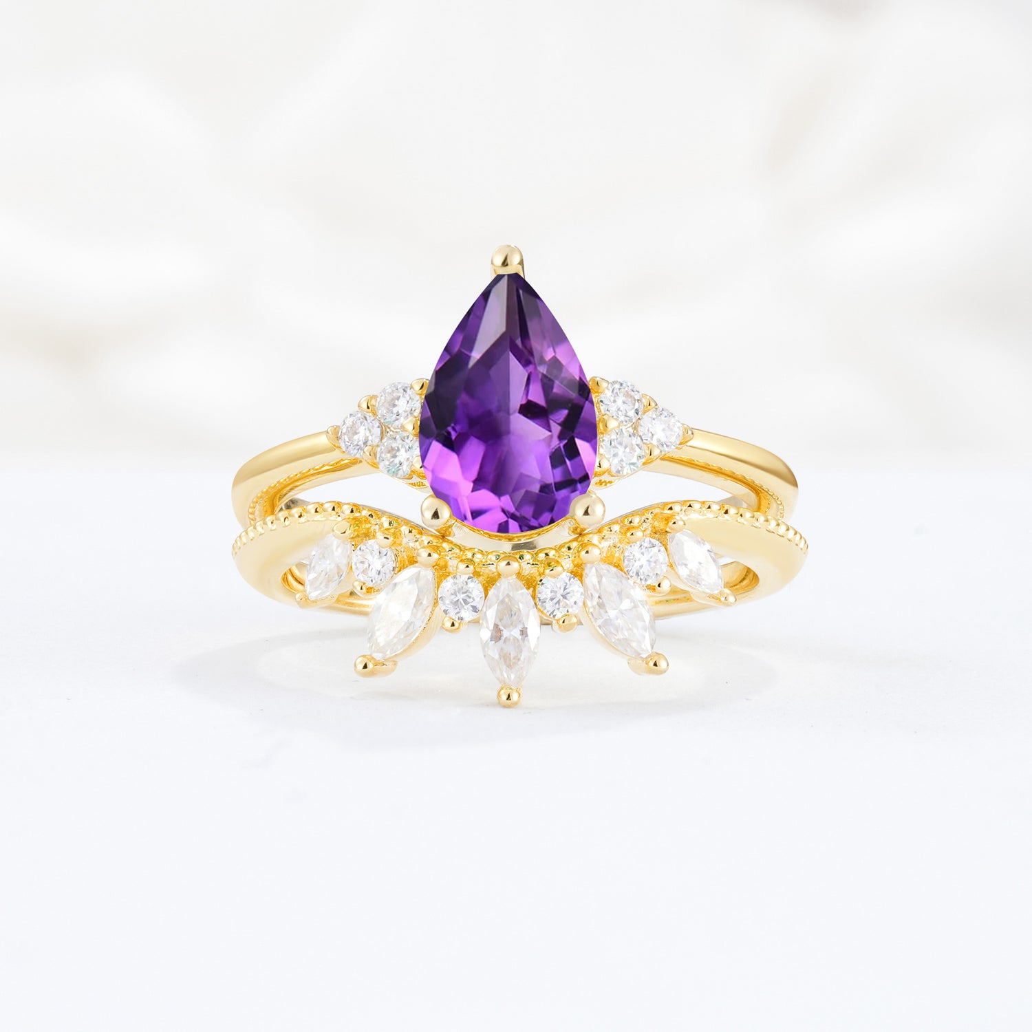 Classic Luxury Pear Cut Amethyst Bridal Ring Set