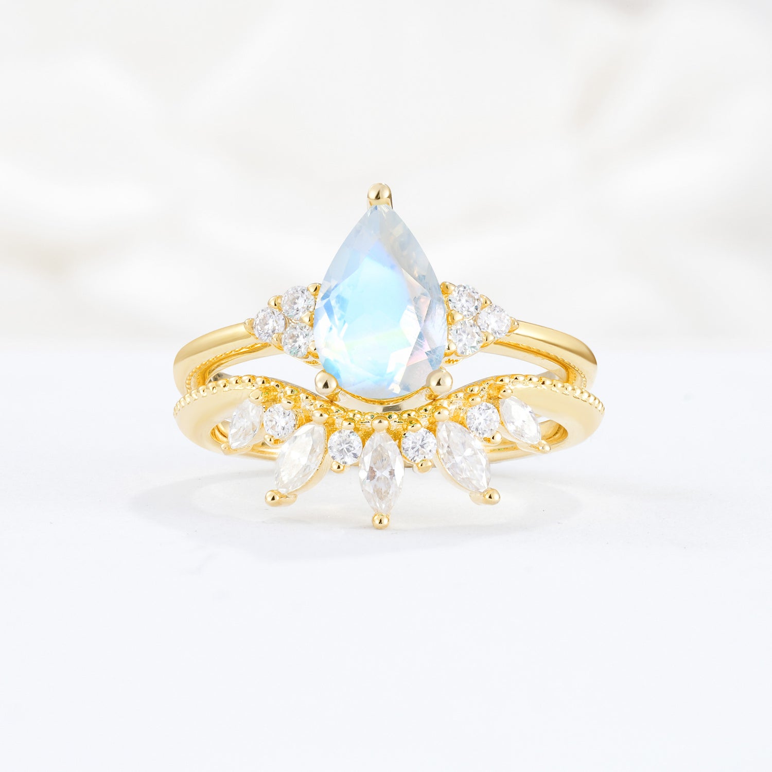 Classic Luxury Pear Cut Moonstone Bridal Ring Set