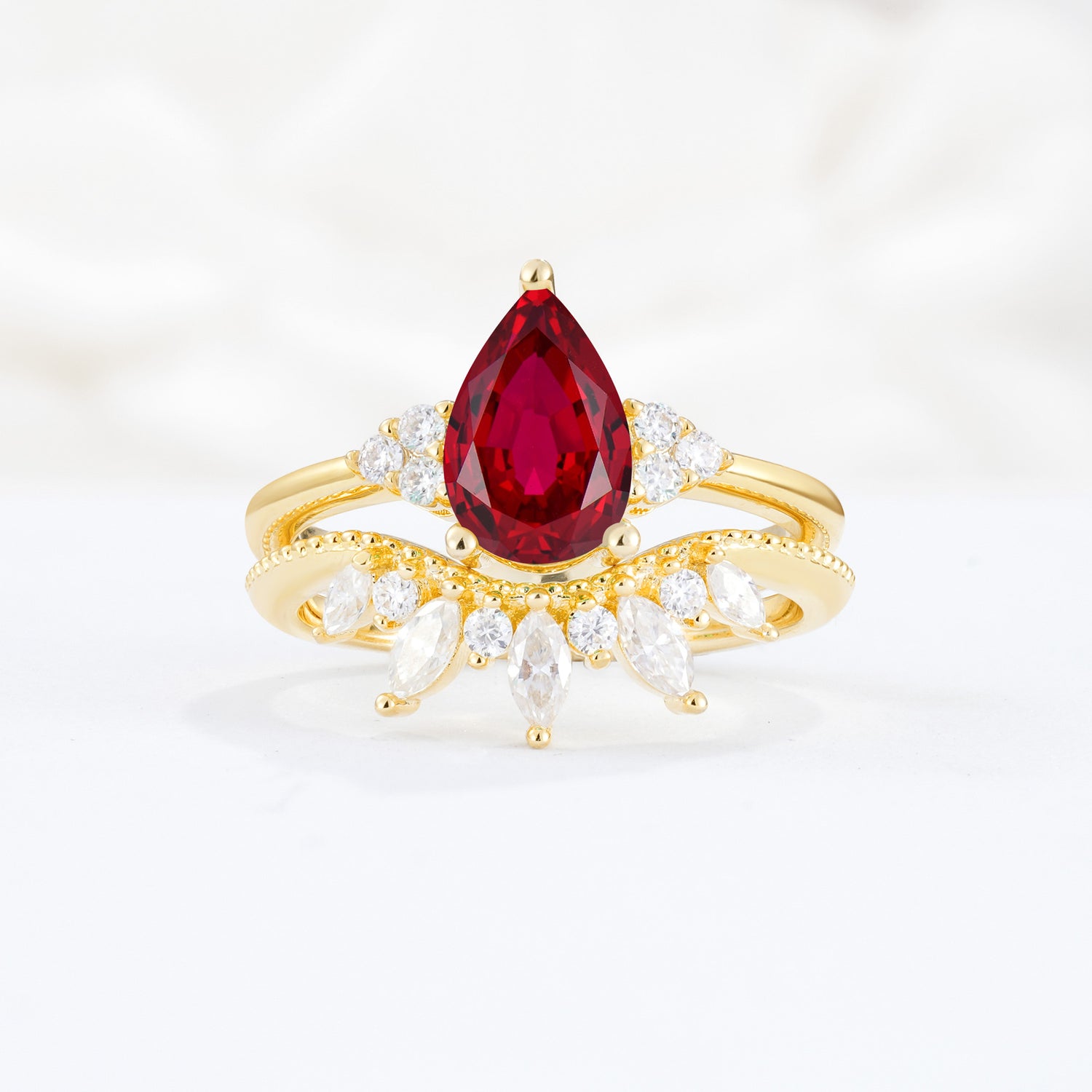 Classic Luxury Pear Cut Ruby Bridal Ring Set