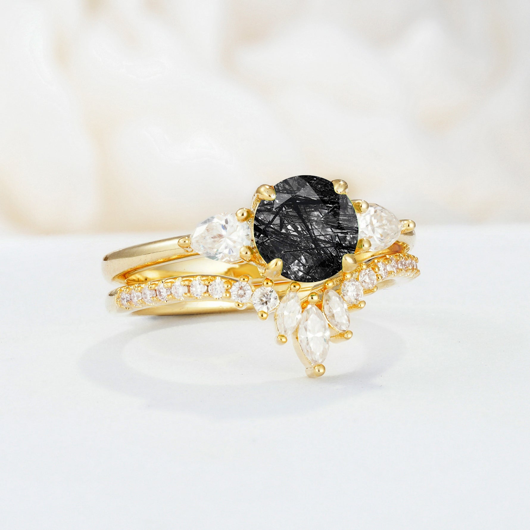 SR17120 Black Rutilated Quartz Ring - White-Gold