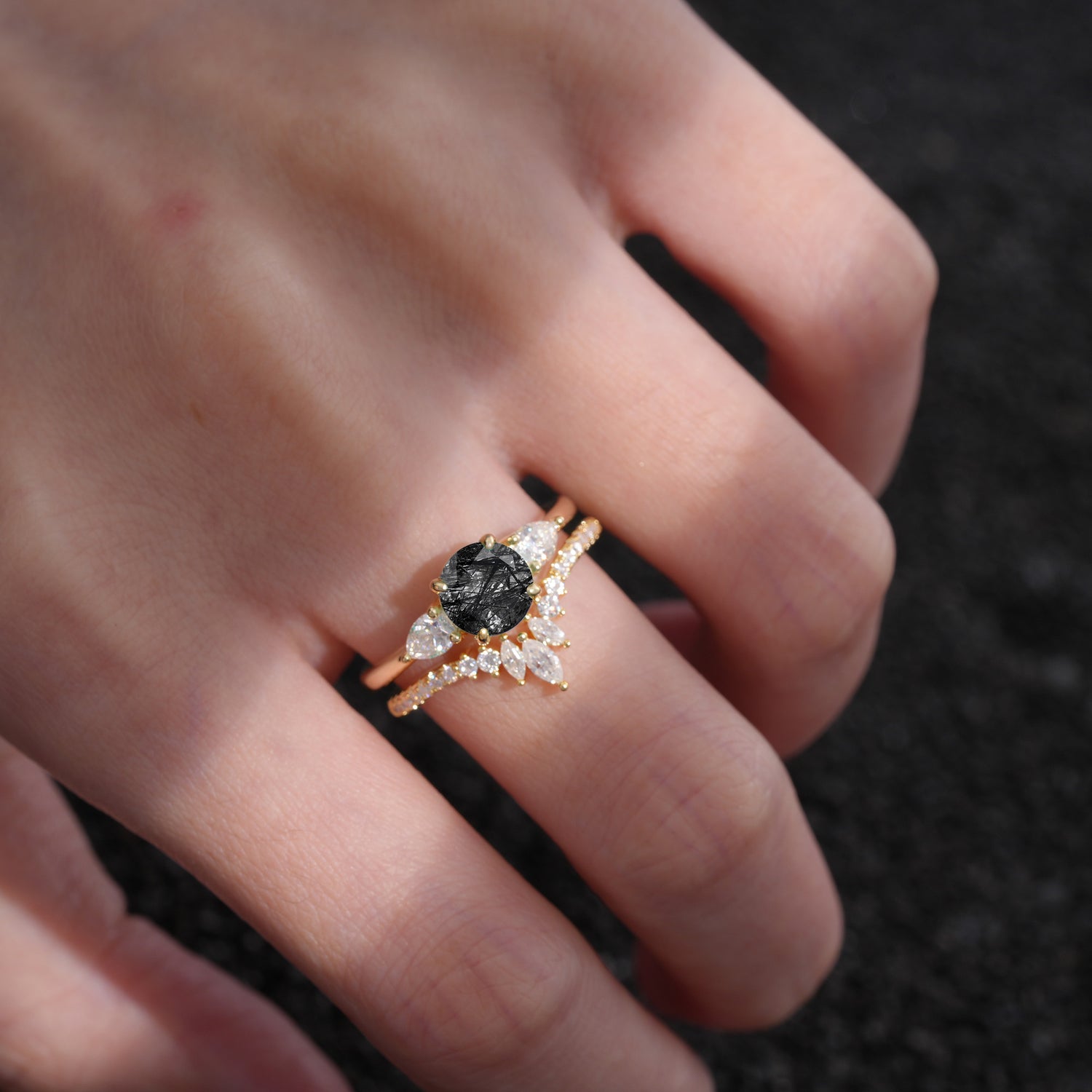 SR17120 Black Rutilated Quartz Ring - Rose-Gold