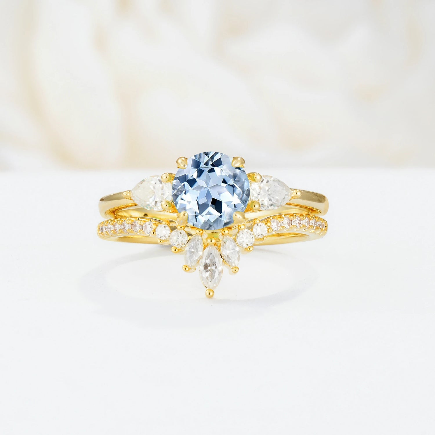 Classic Luxury Round Cut Aquamarine Bridal Ring Set