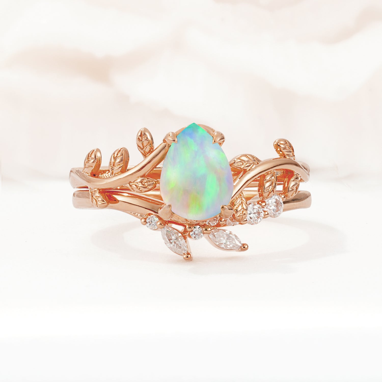 Nature-Inspired Pear Cut Opal Bridal Ring Set