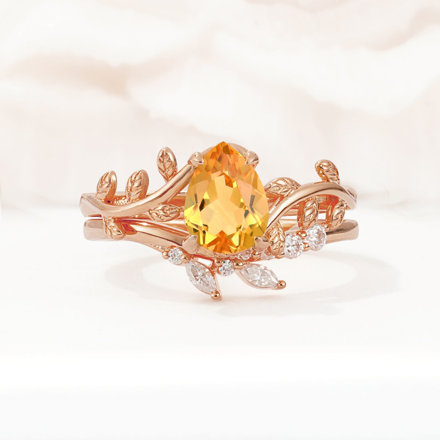 Nature-Inspired Pear Cut Citrine Bridal Ring Set