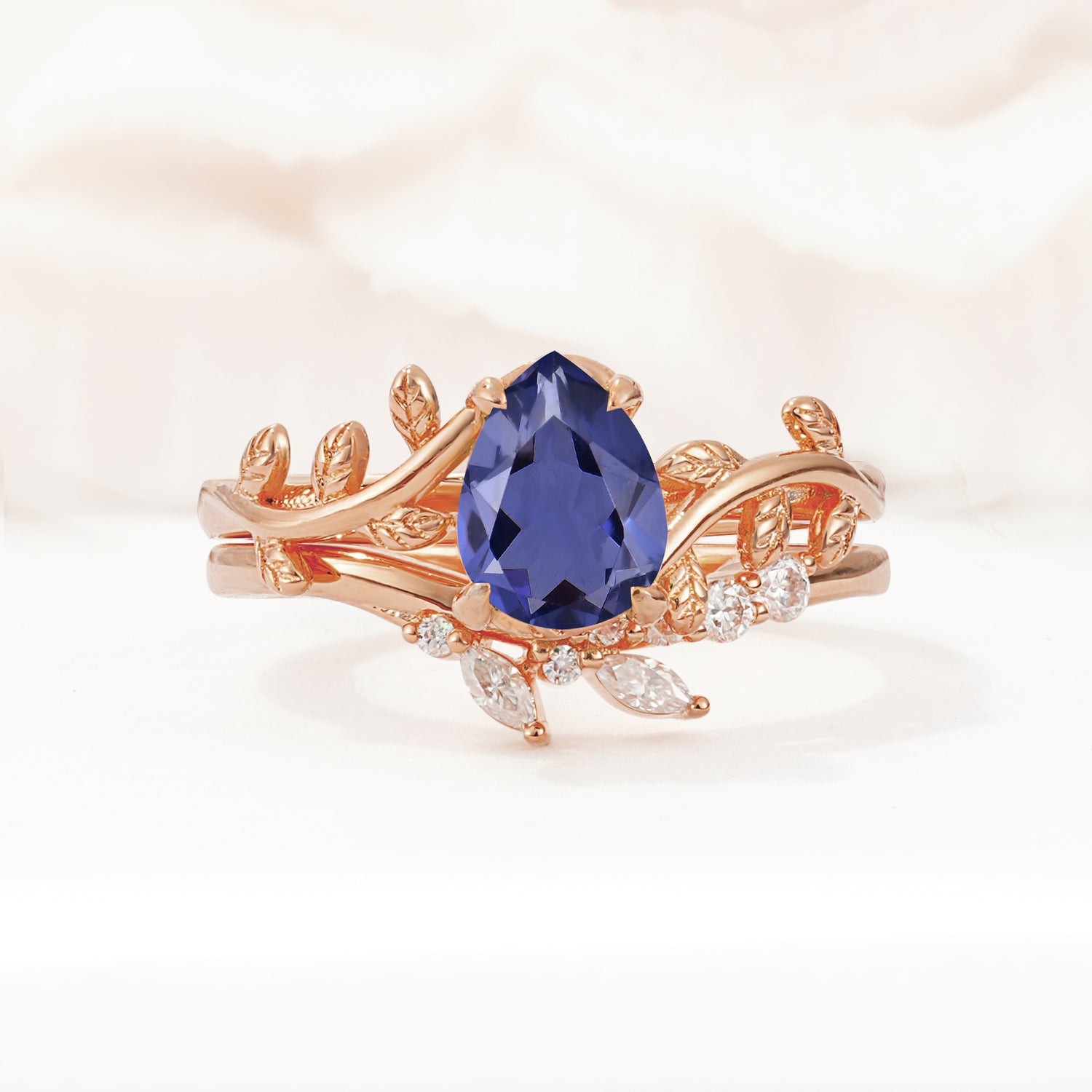 Nature-Inspired Pear Cut Tanzanite Bridal Ring Set
