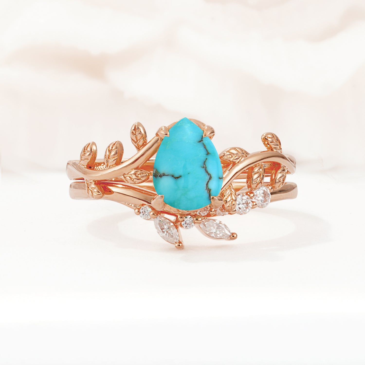 Nature-Inspired Pear Cut Turquoise Bridal Ring Set