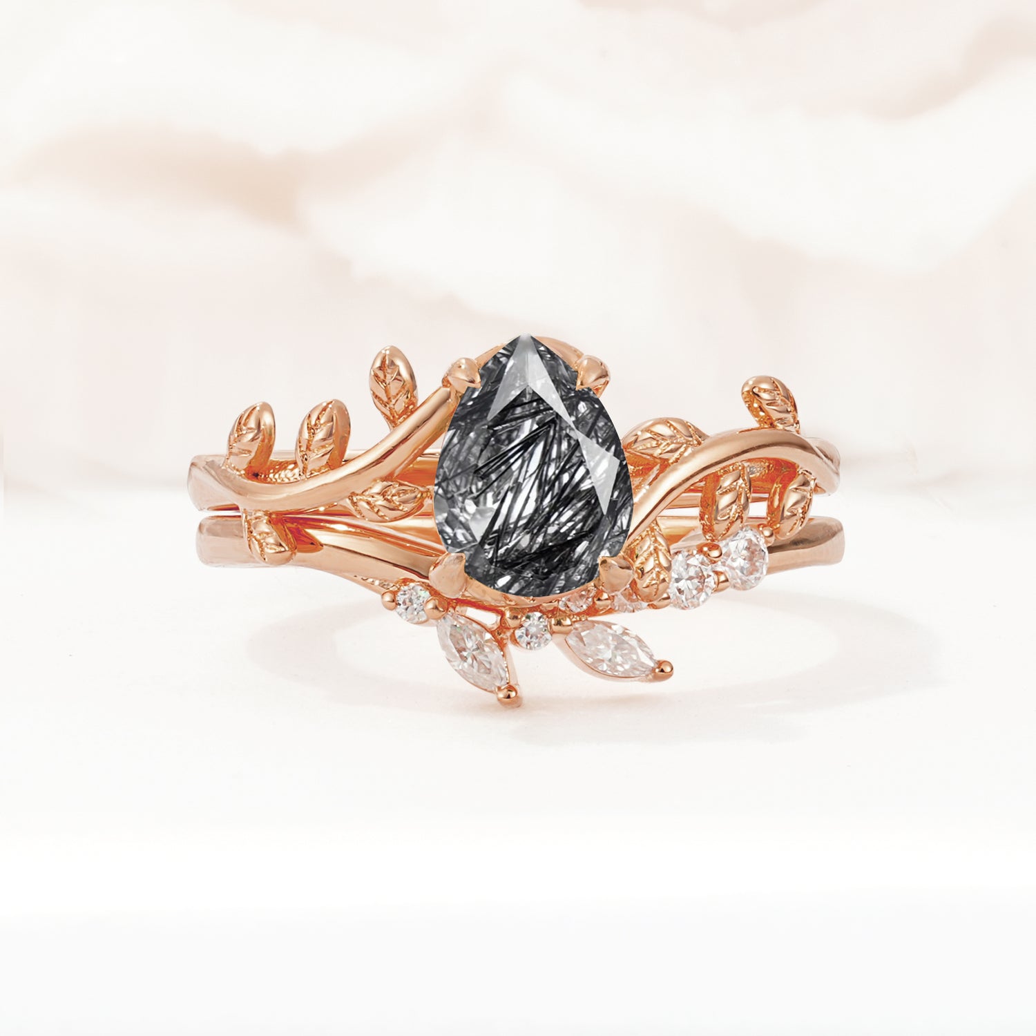 Nature-Inspired Pear Cut Black Rutilated Quartz Bridal Ring Set