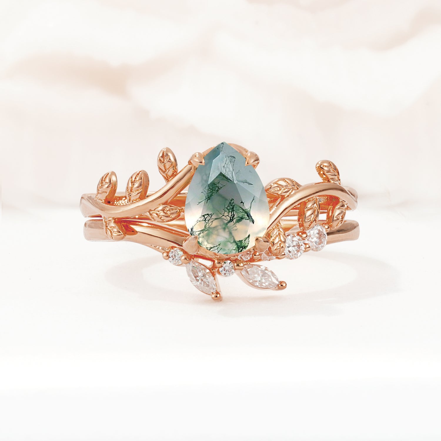 Nature-Inspired Pear Cut Moss Agate Bridal Ring Set