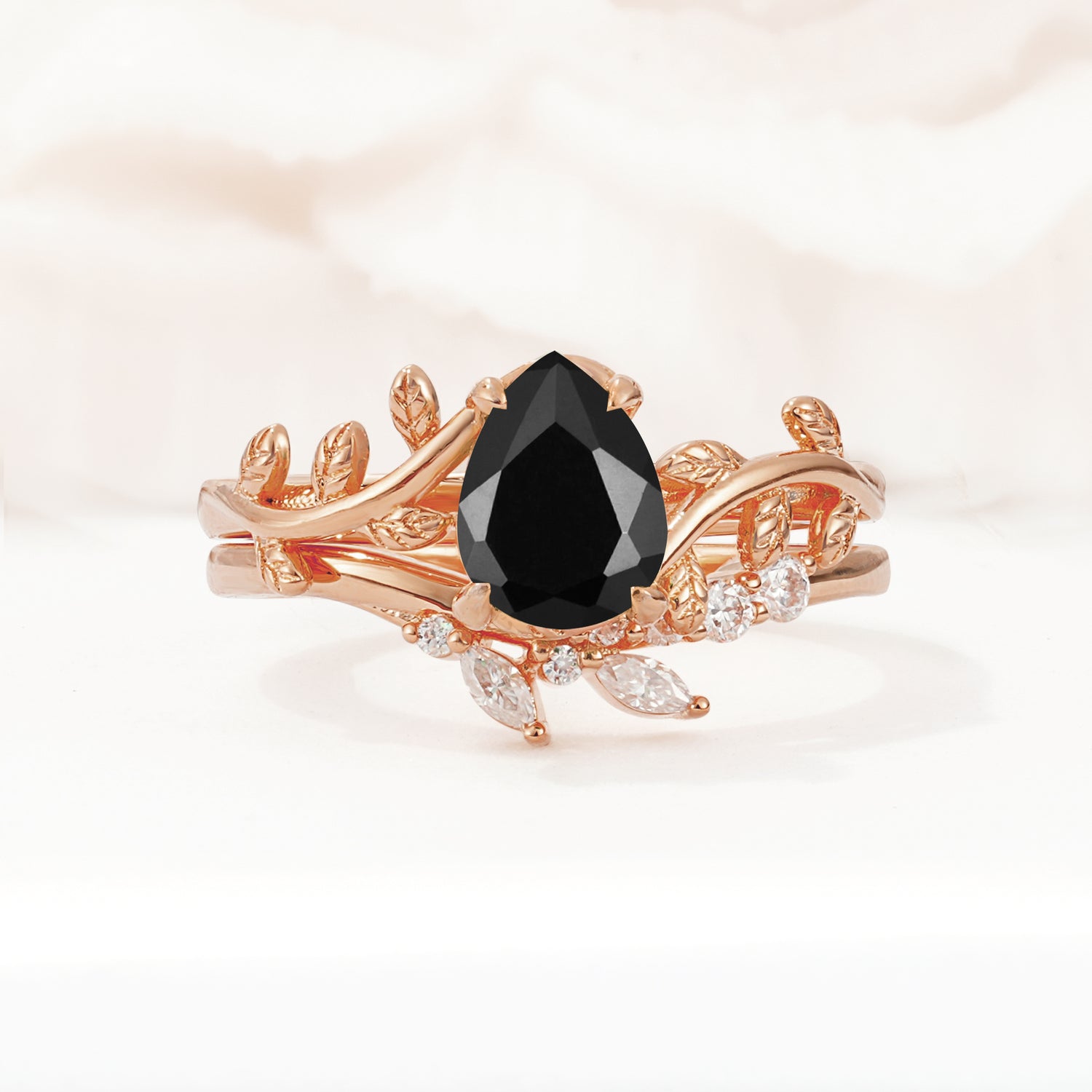Nature-Inspired Pear Cut Black Onyx Bridal Ring Set