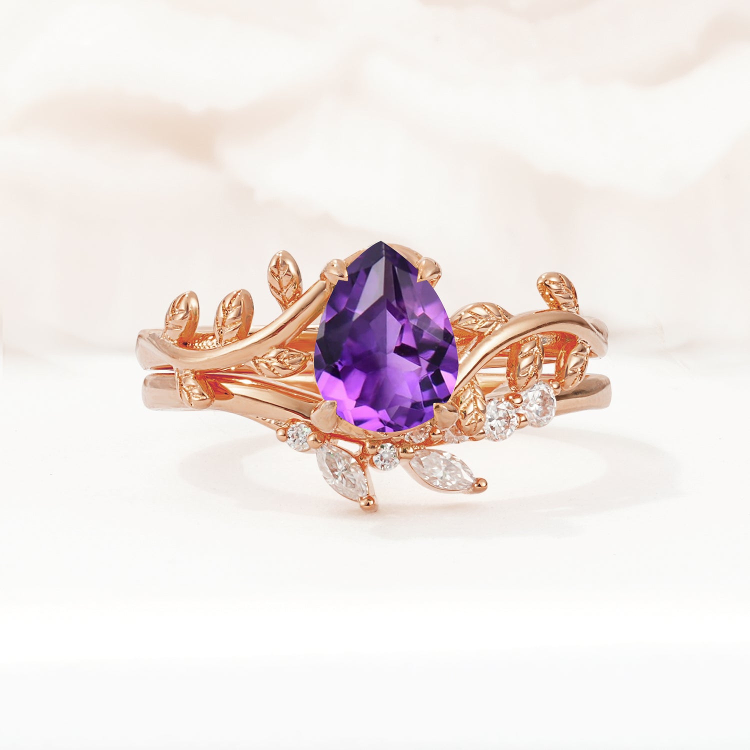 Nature-Inspired Pear Cut Amethyst Bridal Ring Set
