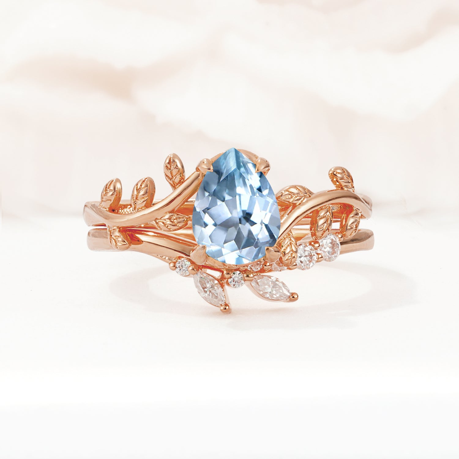 Nature-Inspired Pear Cut Aquamarine Bridal Ring Set