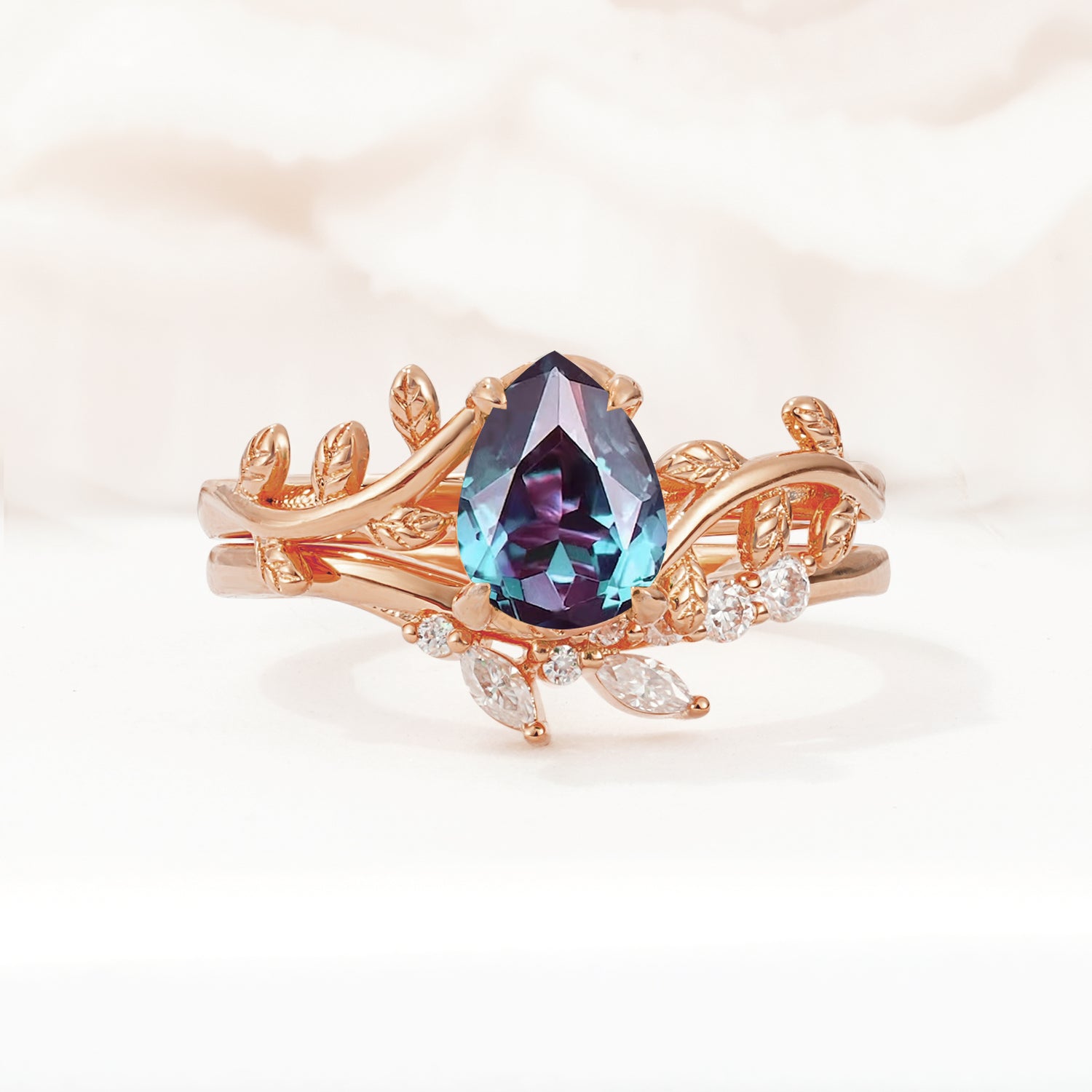 Nature-Inspired Pear Cut Alexandrite Bridal Ring Set