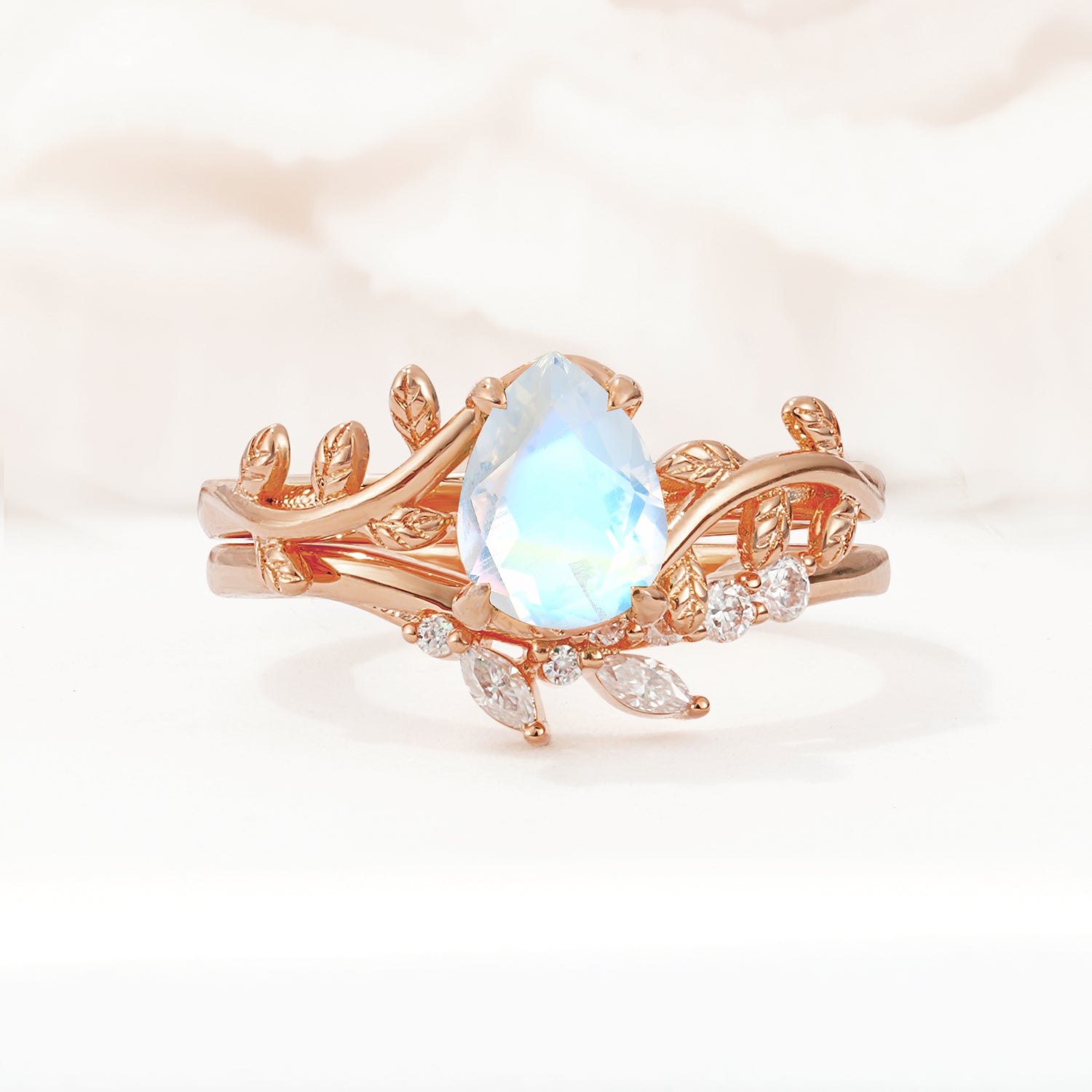 Nature-Inspired Pear Cut Moonstone Bridal Ring Set