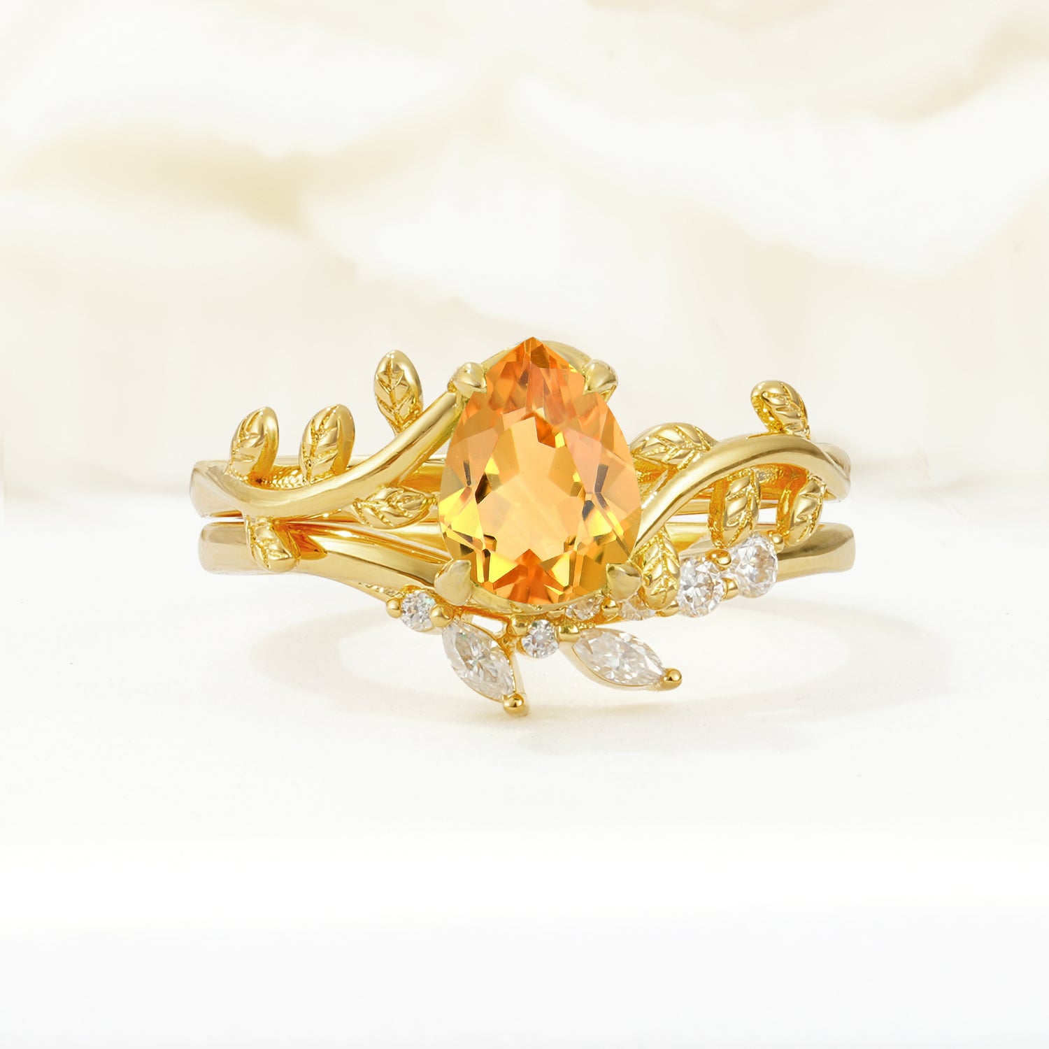 Nature-Inspired Pear Cut Citrine Bridal Ring Set