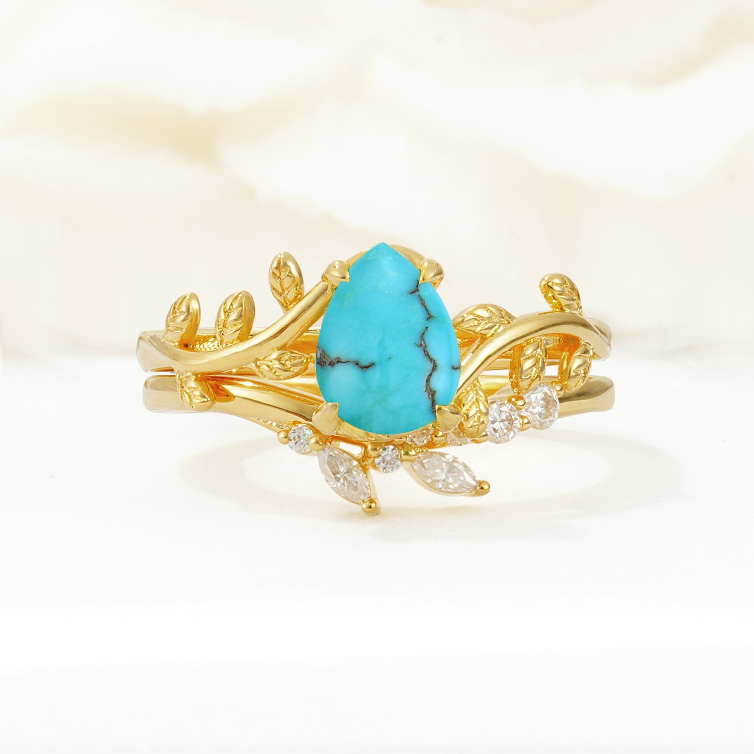 Nature-Inspired Pear Cut Turquoise Bridal Ring Set
