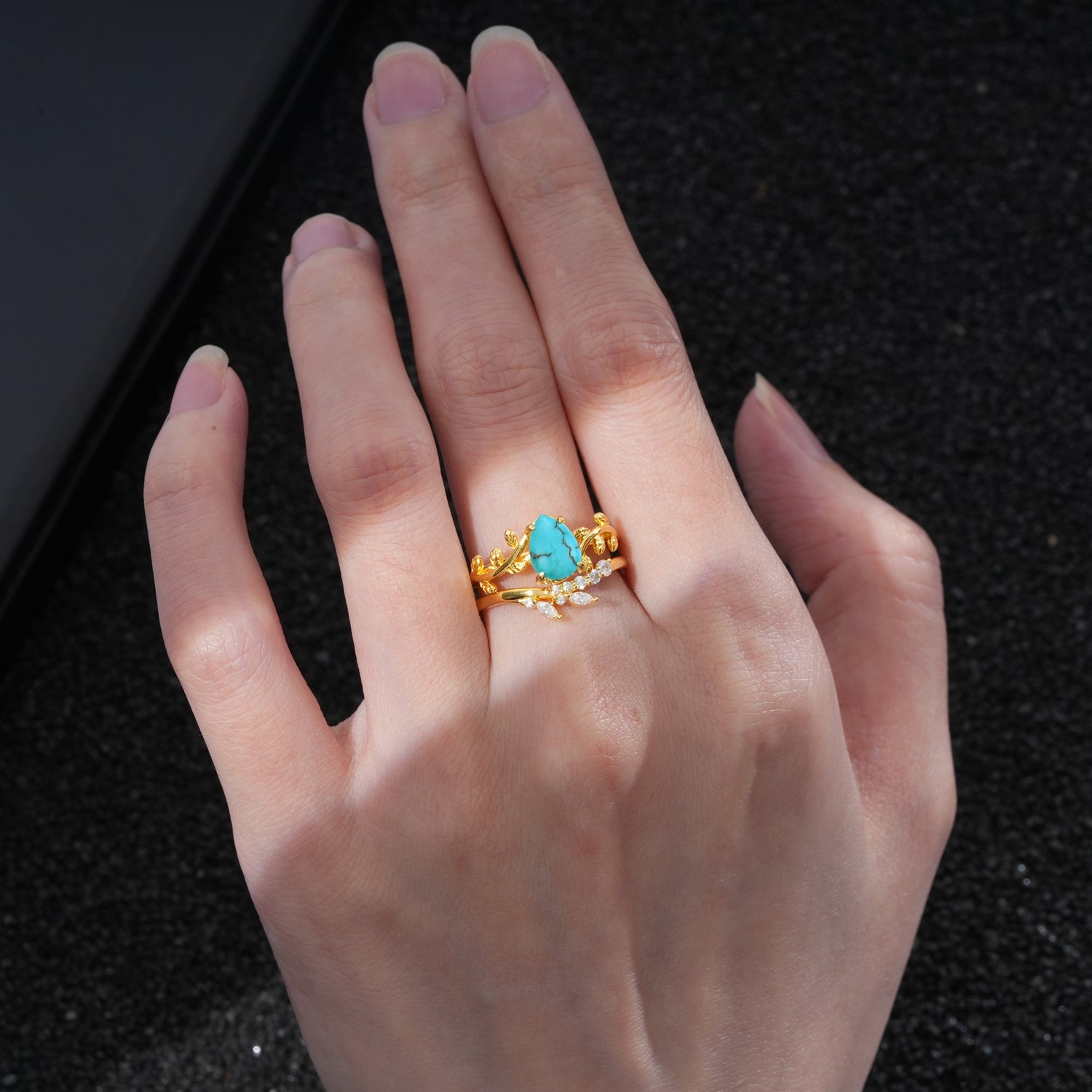 Nature-Inspired Pear Cut Turquoise Bridal Ring Set