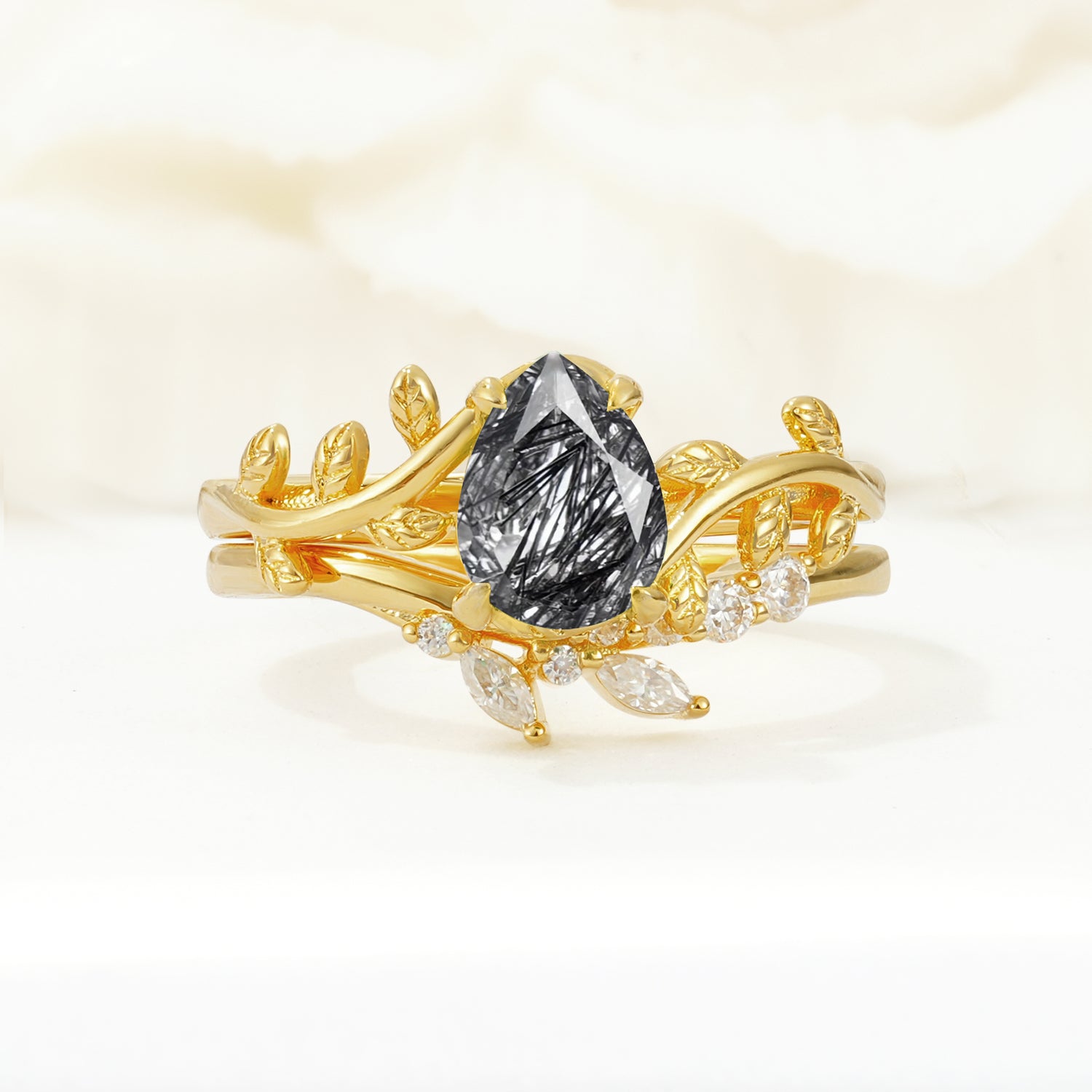 Nature-Inspired Pear Cut Black Rutilated Quartz Bridal Ring Set