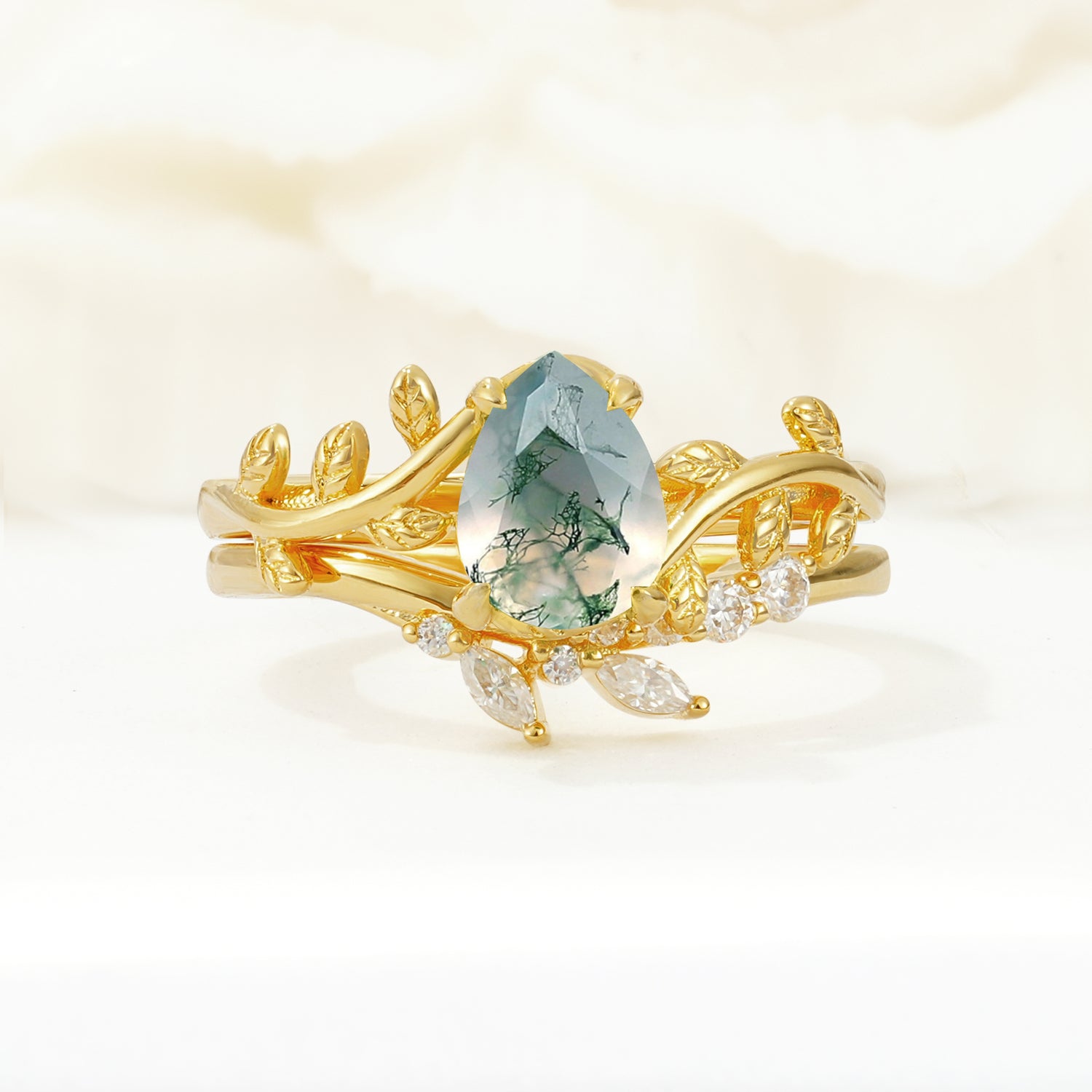 Nature-Inspired Pear Cut Moss Agate Bridal Ring Set
