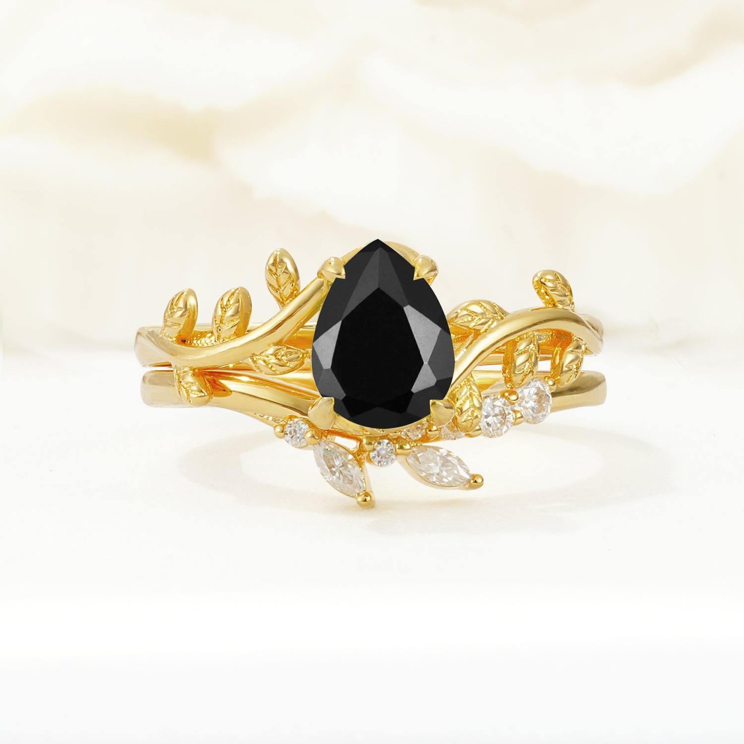 Nature-Inspired Pear Cut Black Onyx Bridal Ring Set