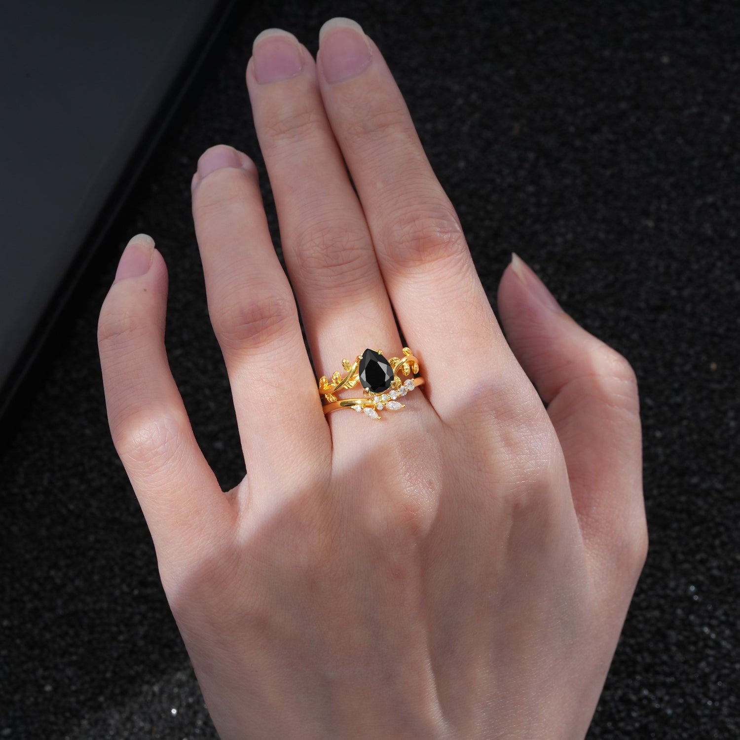Nature-Inspired Pear Cut Black Onyx Bridal Ring Set
