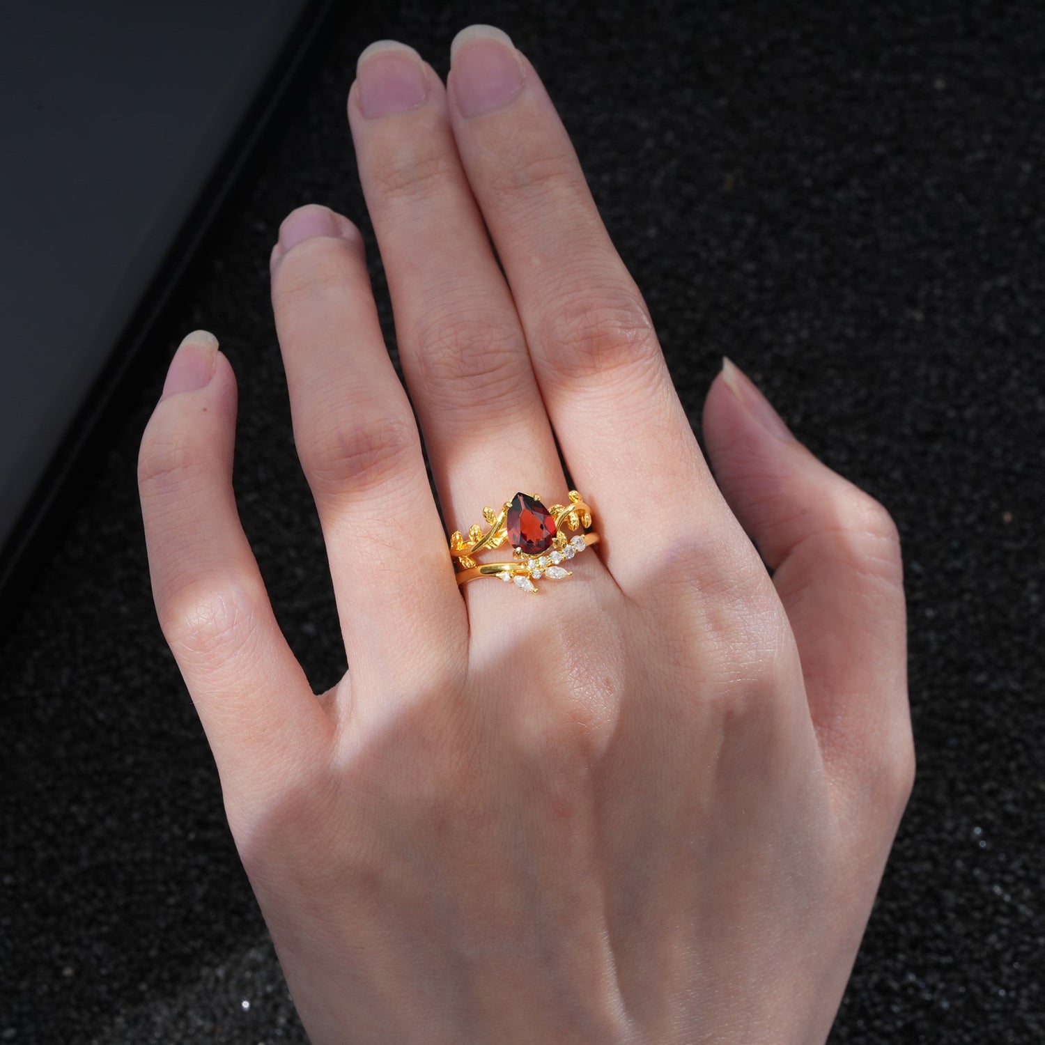 Nature-Inspired Pear Cut Garnet Bridal Ring Set