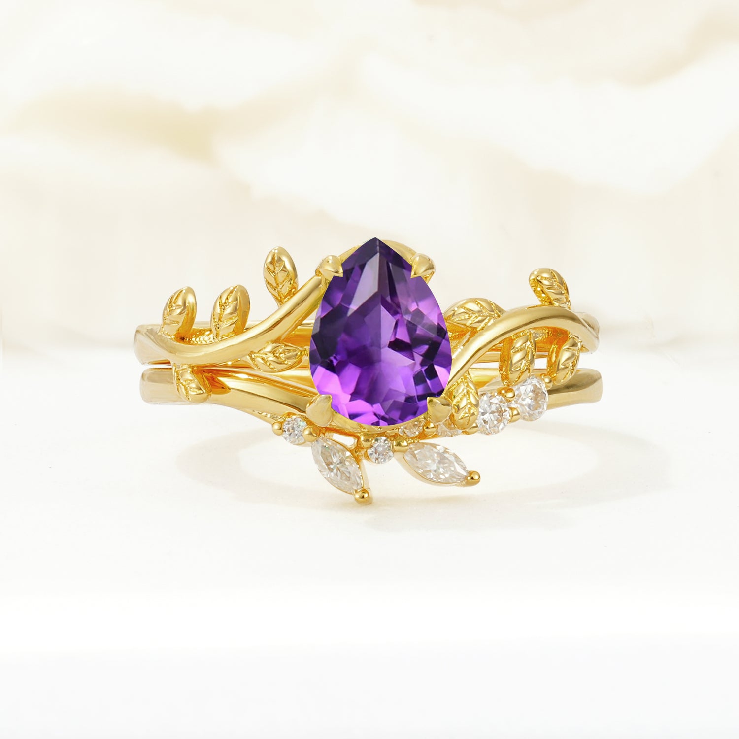 Nature-Inspired Pear Cut Amethyst Bridal Ring Set