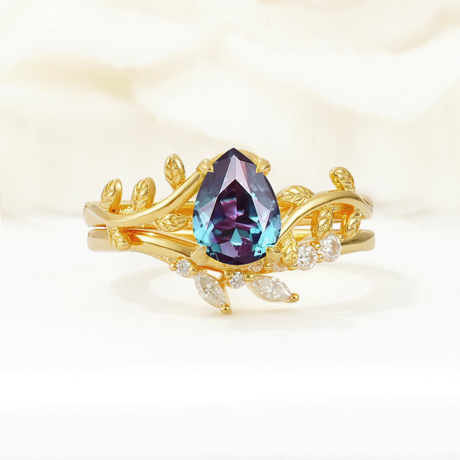 Nature-Inspired Pear Cut Alexandrite Bridal Ring Set