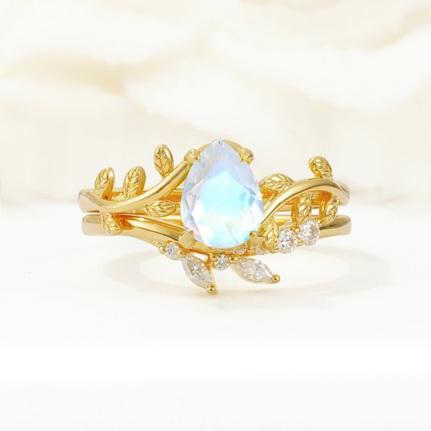 Nature-Inspired Pear Cut Moonstone Bridal Ring Set