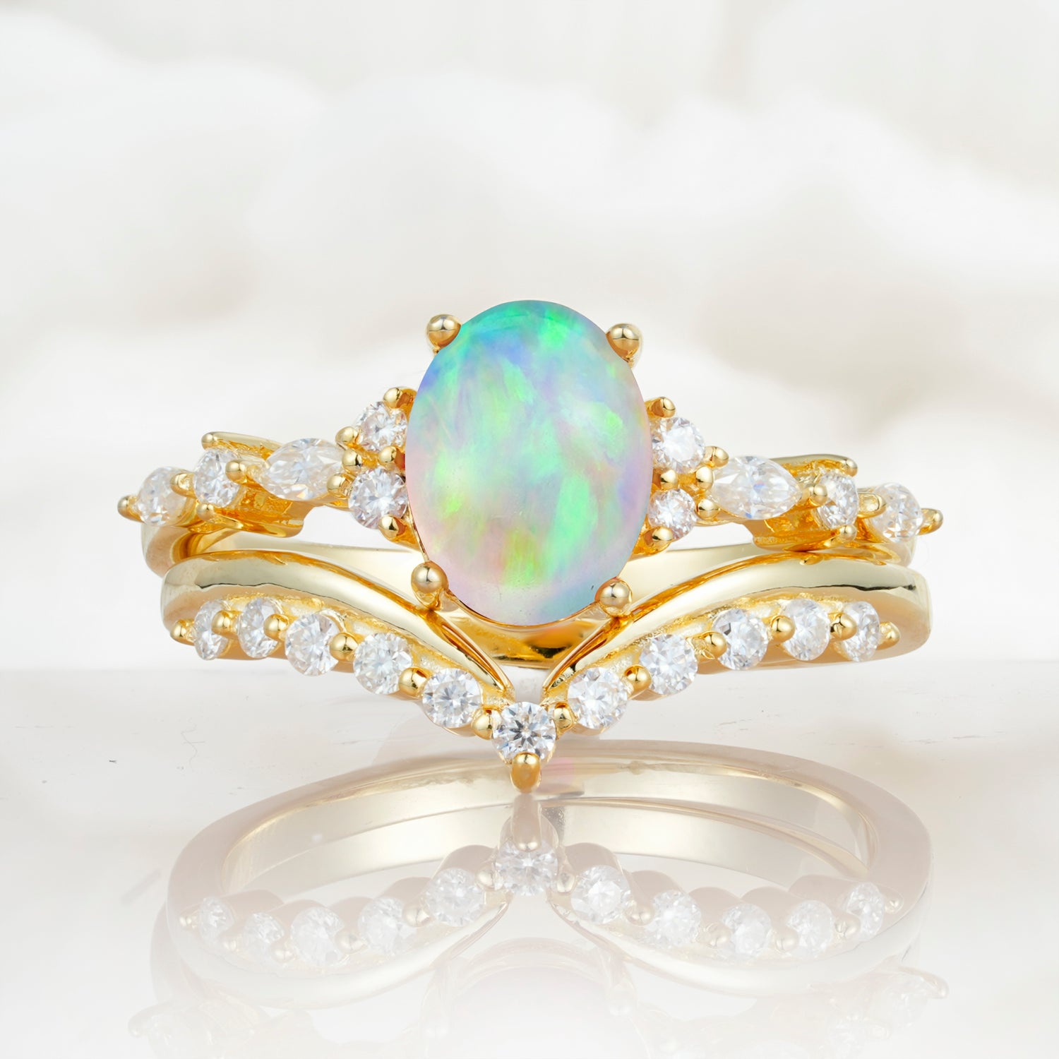Vintage Style Oval Opal Engagement Ring Set for Women