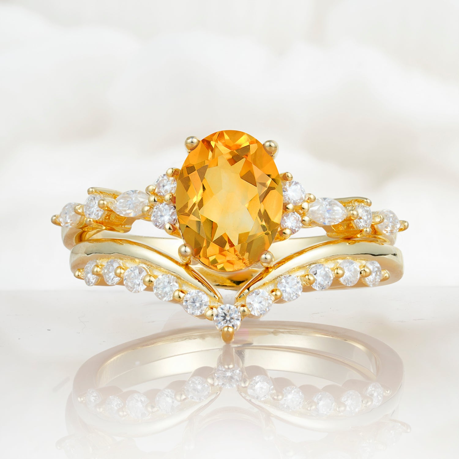 Vintage Style Oval Citrine Engagement Ring Set for Women