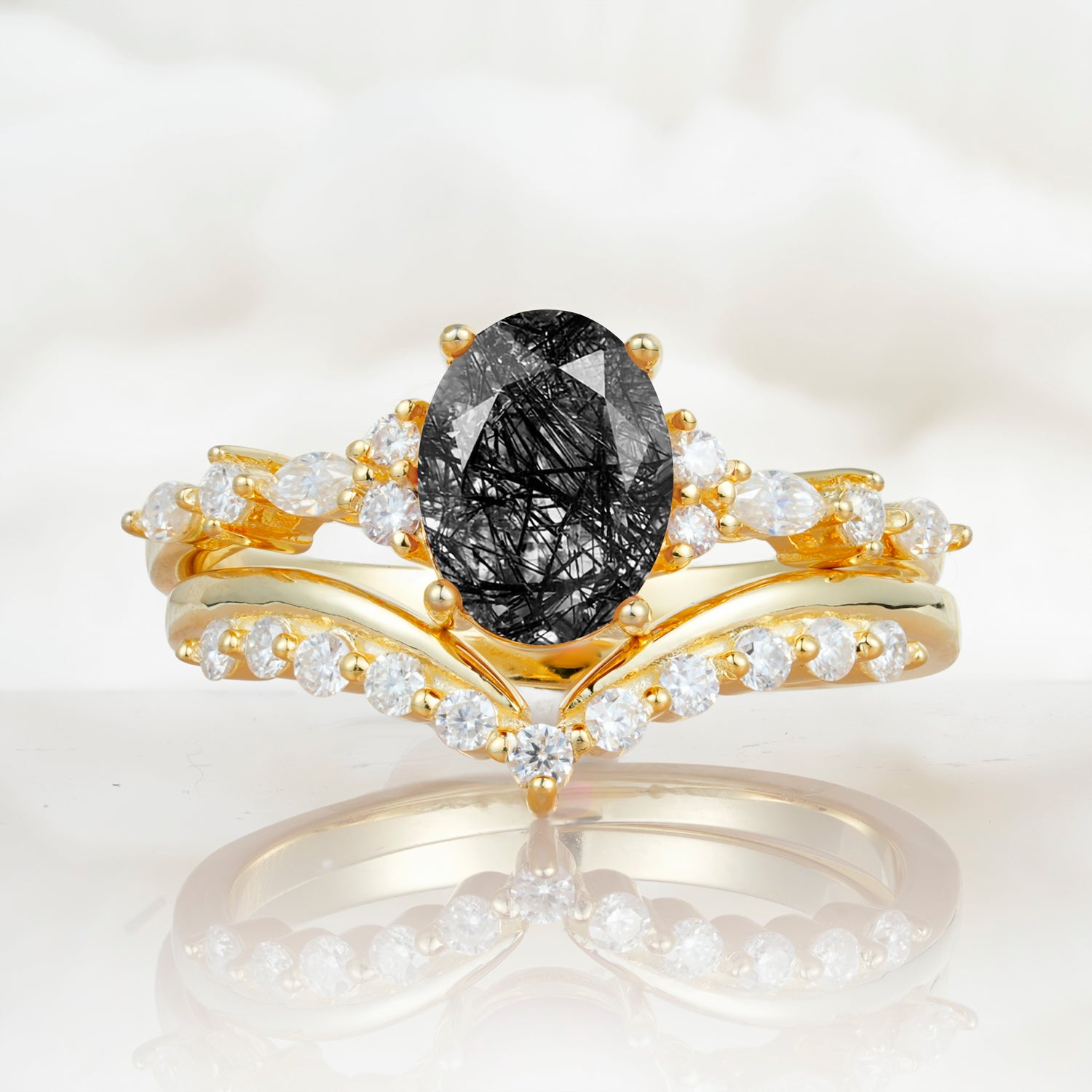 Vintage Style Oval Black Rutilated Quartz Engagement Ring Set for Women