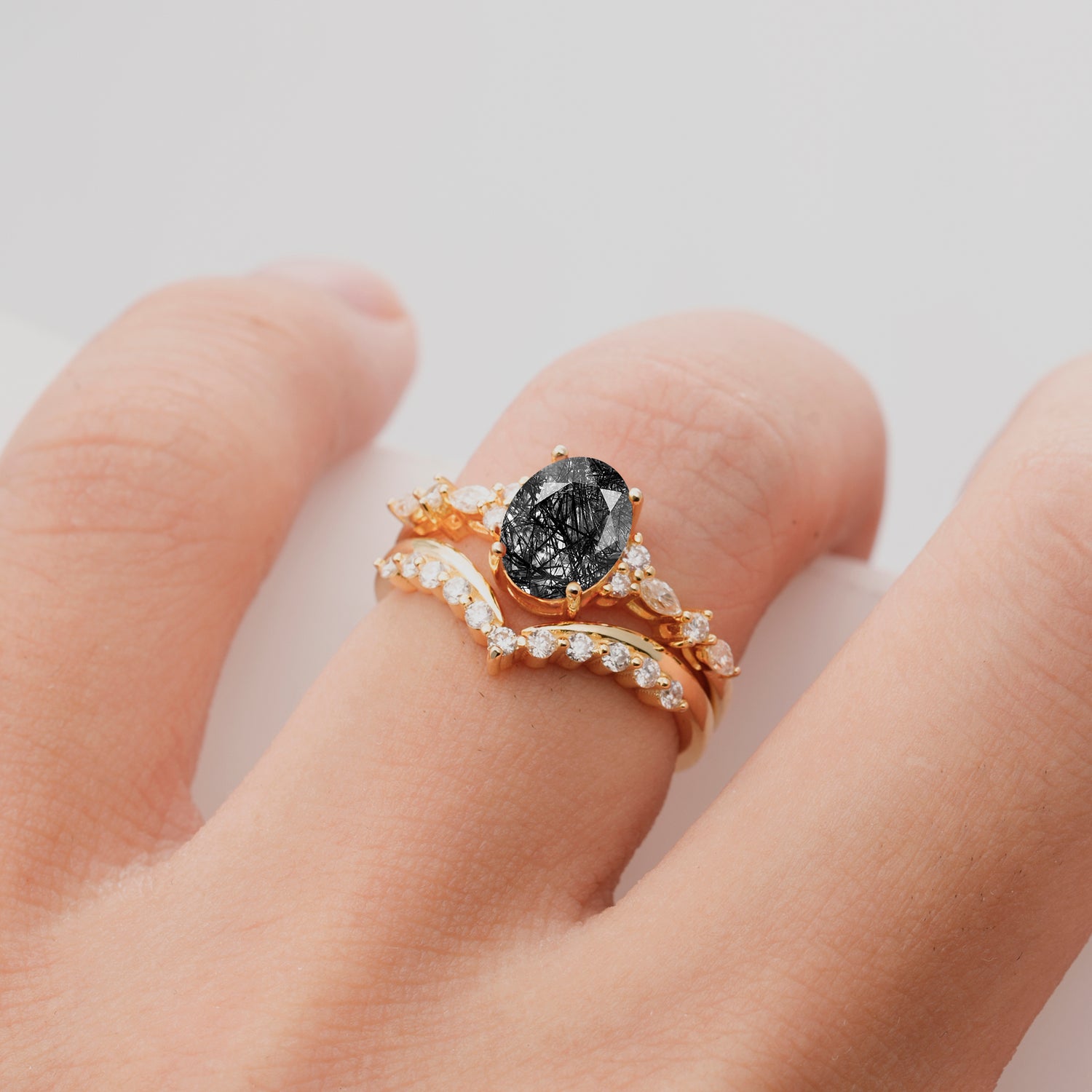 Vintage Style Oval Black Rutilated Quartz Engagement Ring Set for Women