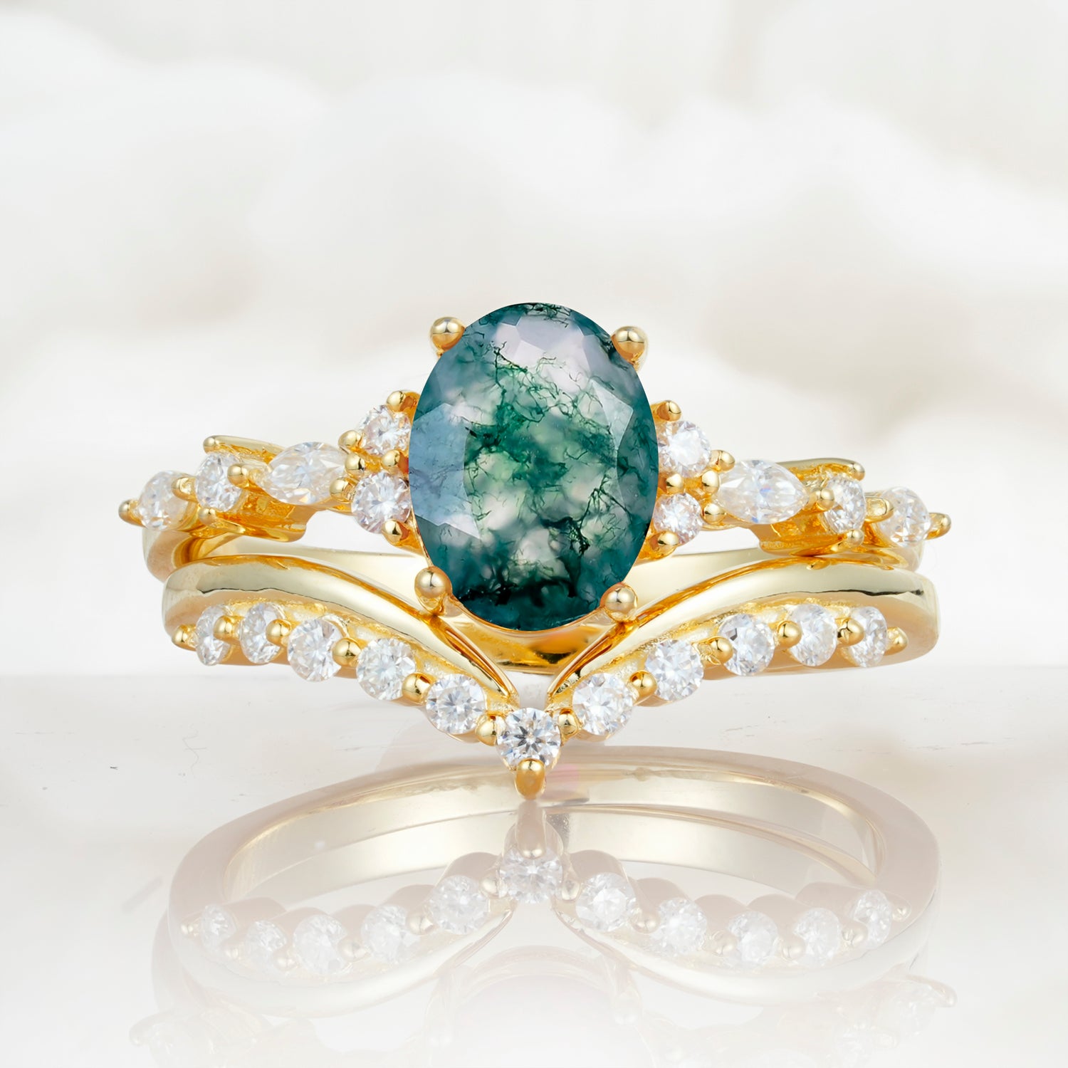 Vintage Style Oval Moss Agate Engagement Ring Set for Women