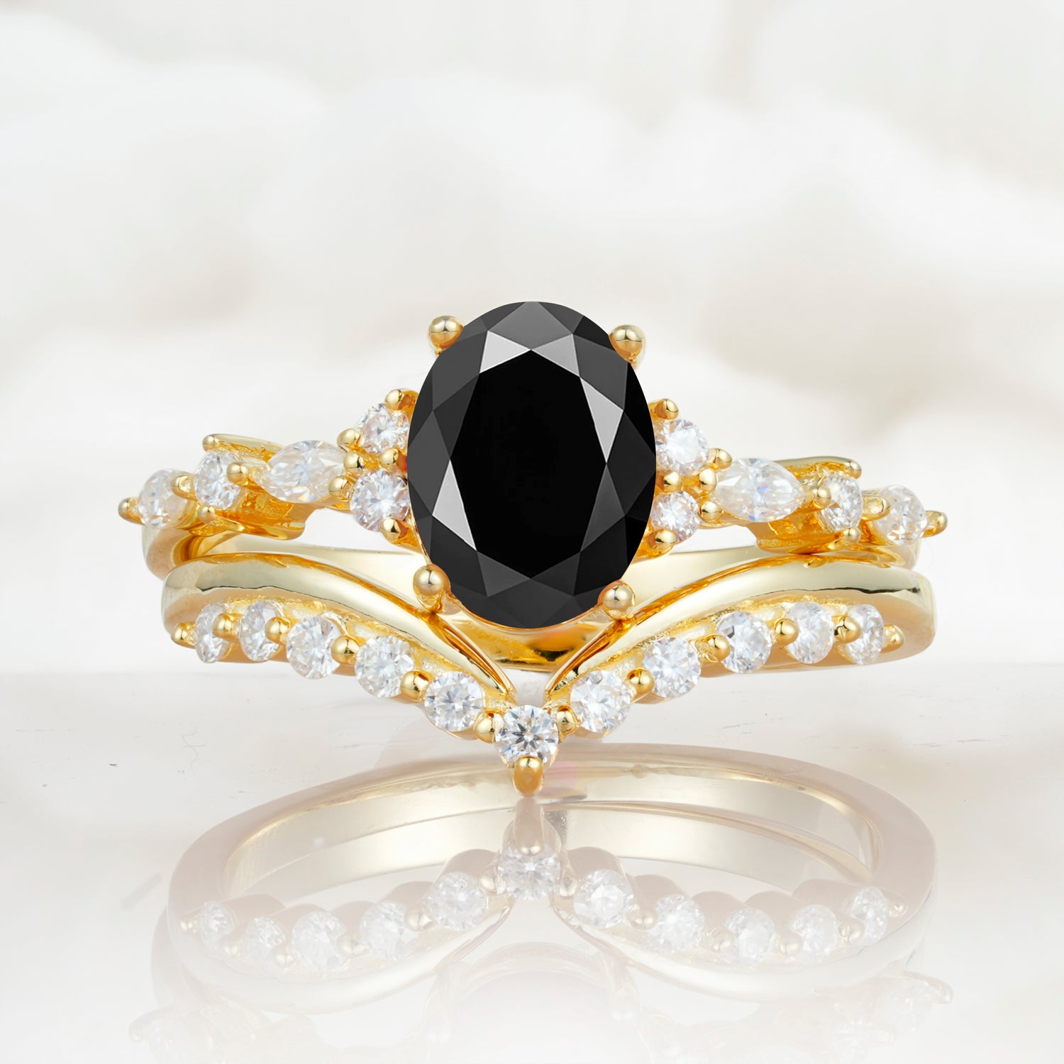 Vintage Style Oval Black Onyx Engagement Ring Set for Women