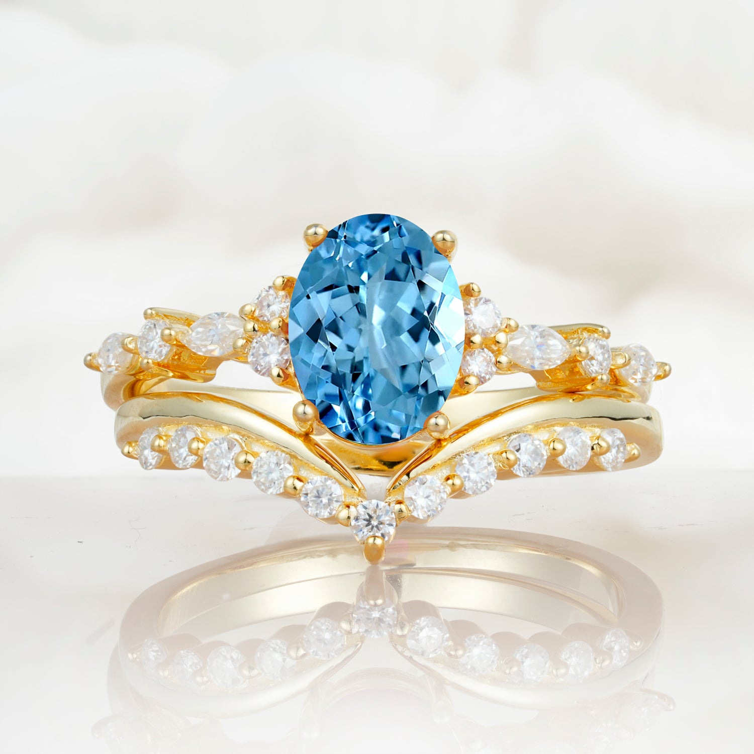 Vintage Style Oval Aquamarine Engagement Ring Set for Women
