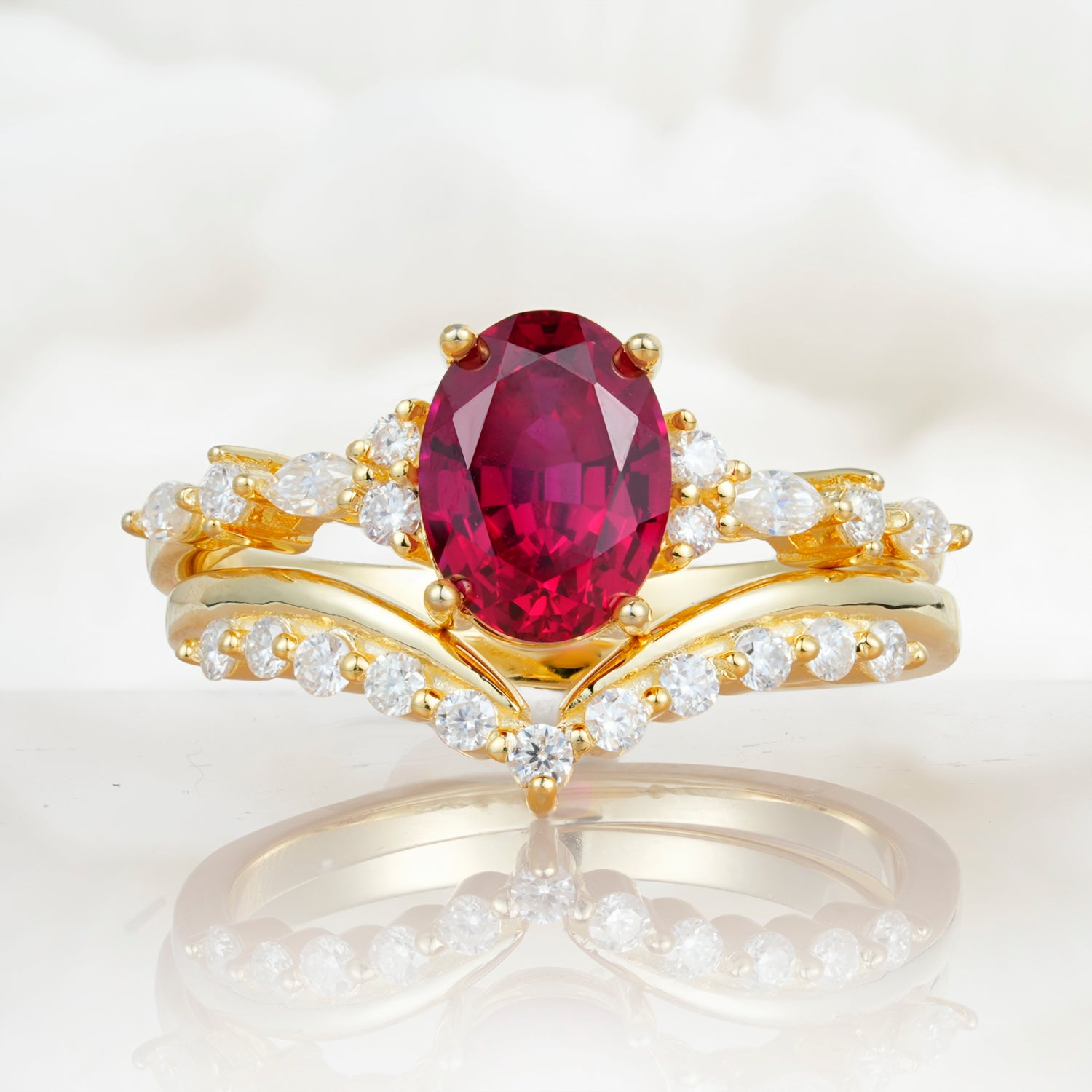 Vintage Style Oval Ruby Engagement Ring Set for Women