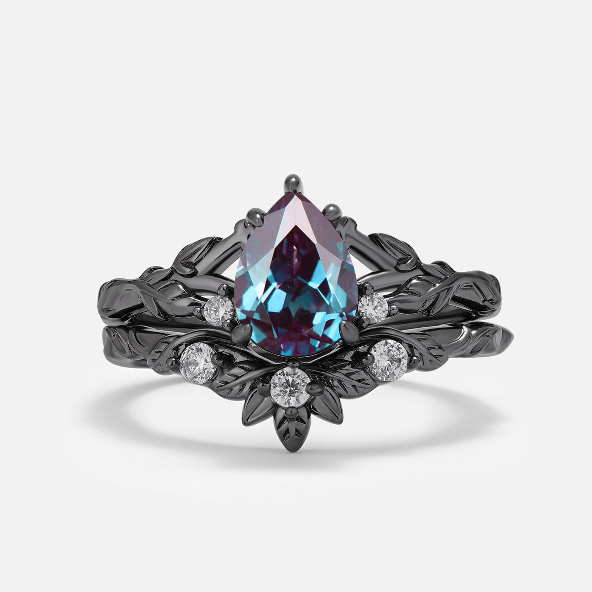 Halloween Nature-Inspired Pear-Cut Alexandrite Ring Set