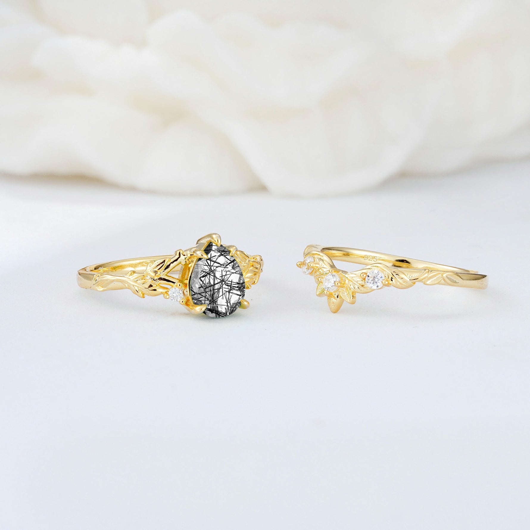 SR17127 Black Rutilated Quartz Ring - White-Gold