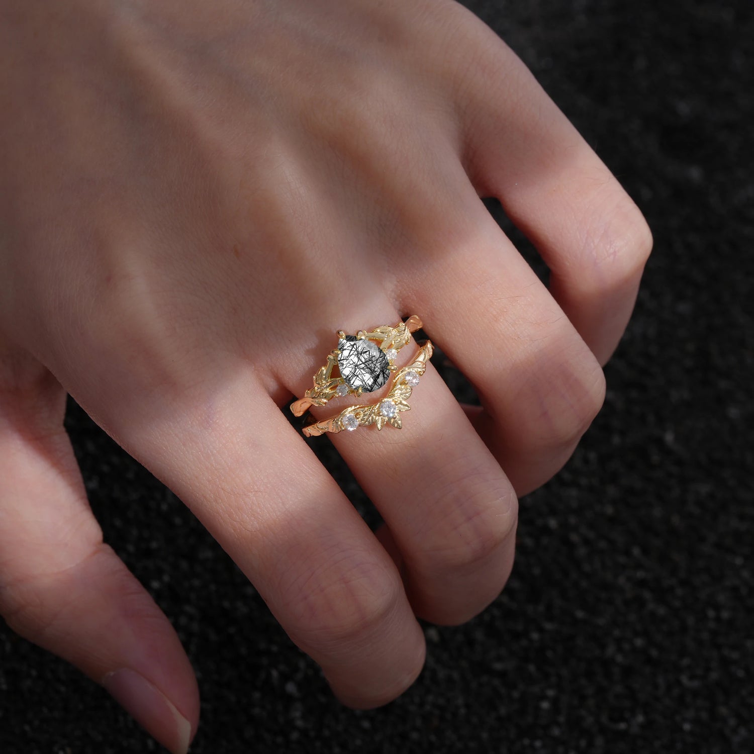 Nature-Inspired Pear-Cut Natural  Black Rutilated Quartz Ring Set