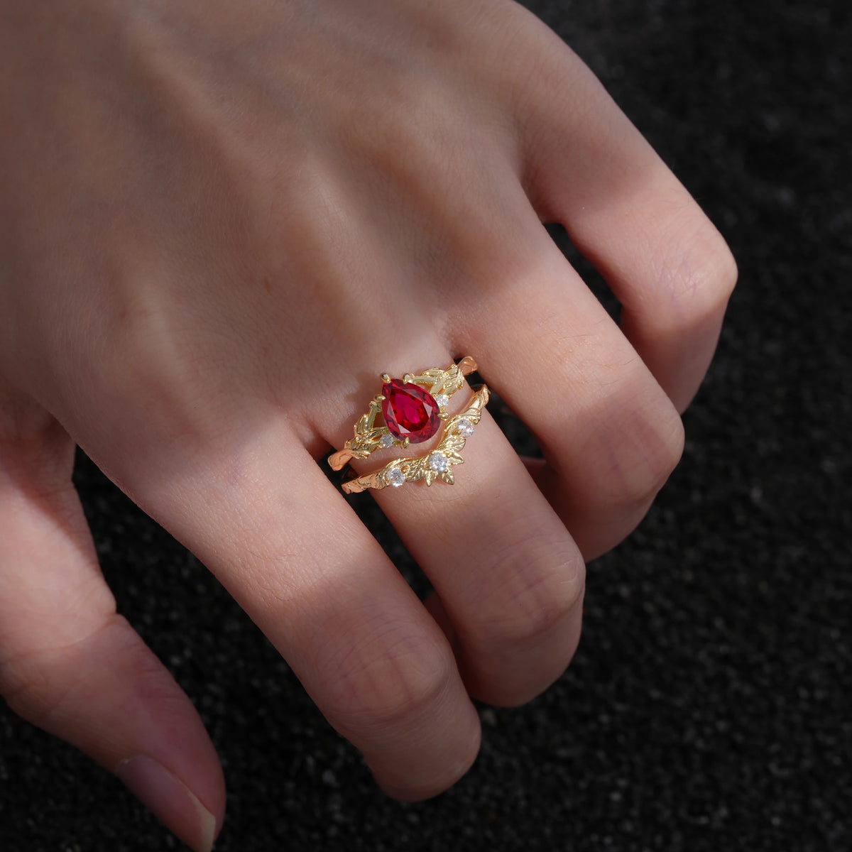 Nature-Inspired Pear-Cut Ruby Ring Set