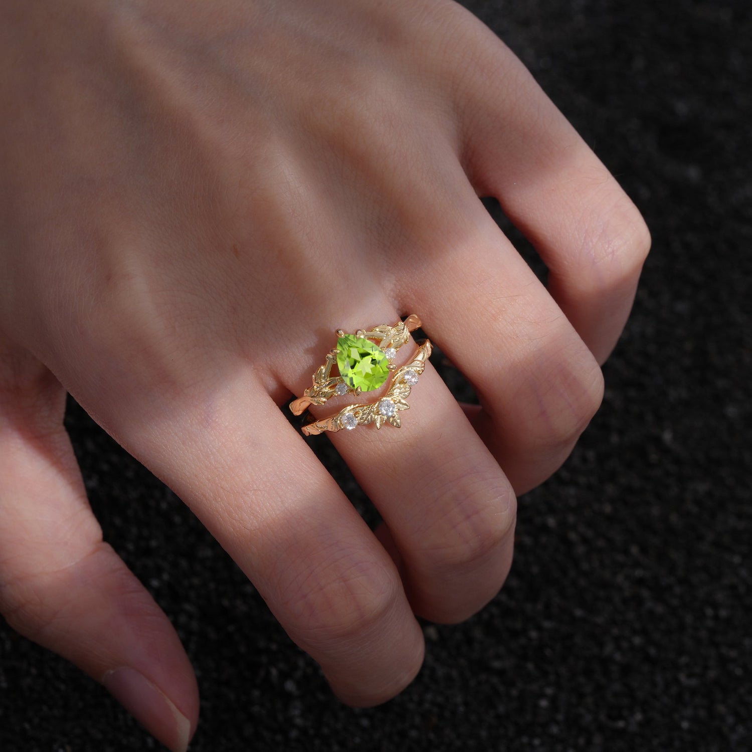 Nature-Inspired Pear-Cut Natural Peridot Ring Set