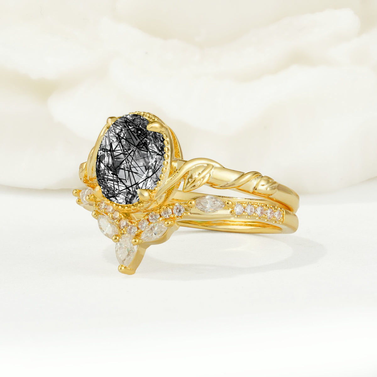 SR17128 Black Rutilated Quartz Ring - White-Gold