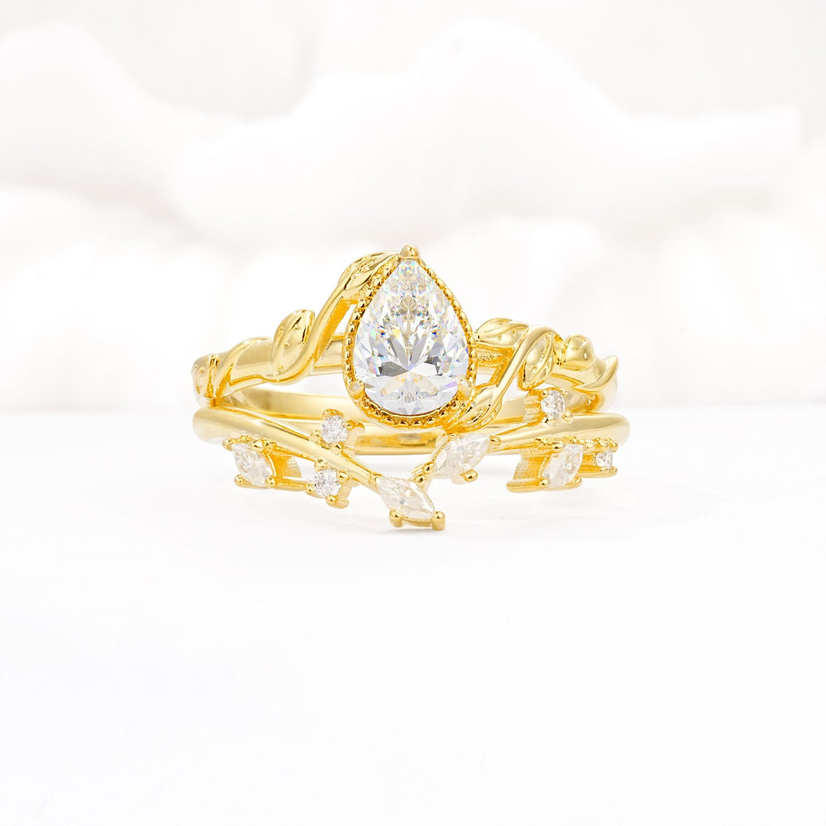 Nature-Inspired Bezel Pear Cut Moissanite Engagement Ring Set - Yellow-Gold