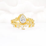 Nature-Inspired Bezel Pear Cut Moissanite Engagement Ring Set - Yellow-Gold