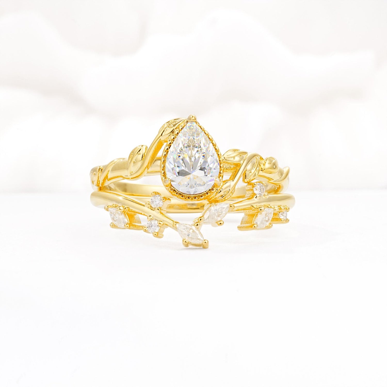 Nature-Inspired Bezel Pear Cut Moissanite Engagement Ring Set - Yellow-Gold