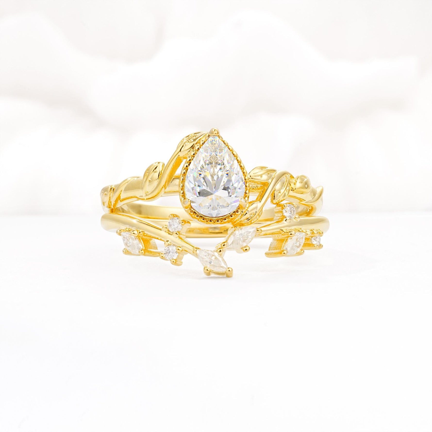Nature-Inspired Bezel Pear Cut Moissanite Engagement Ring Set - Yellow-Gold